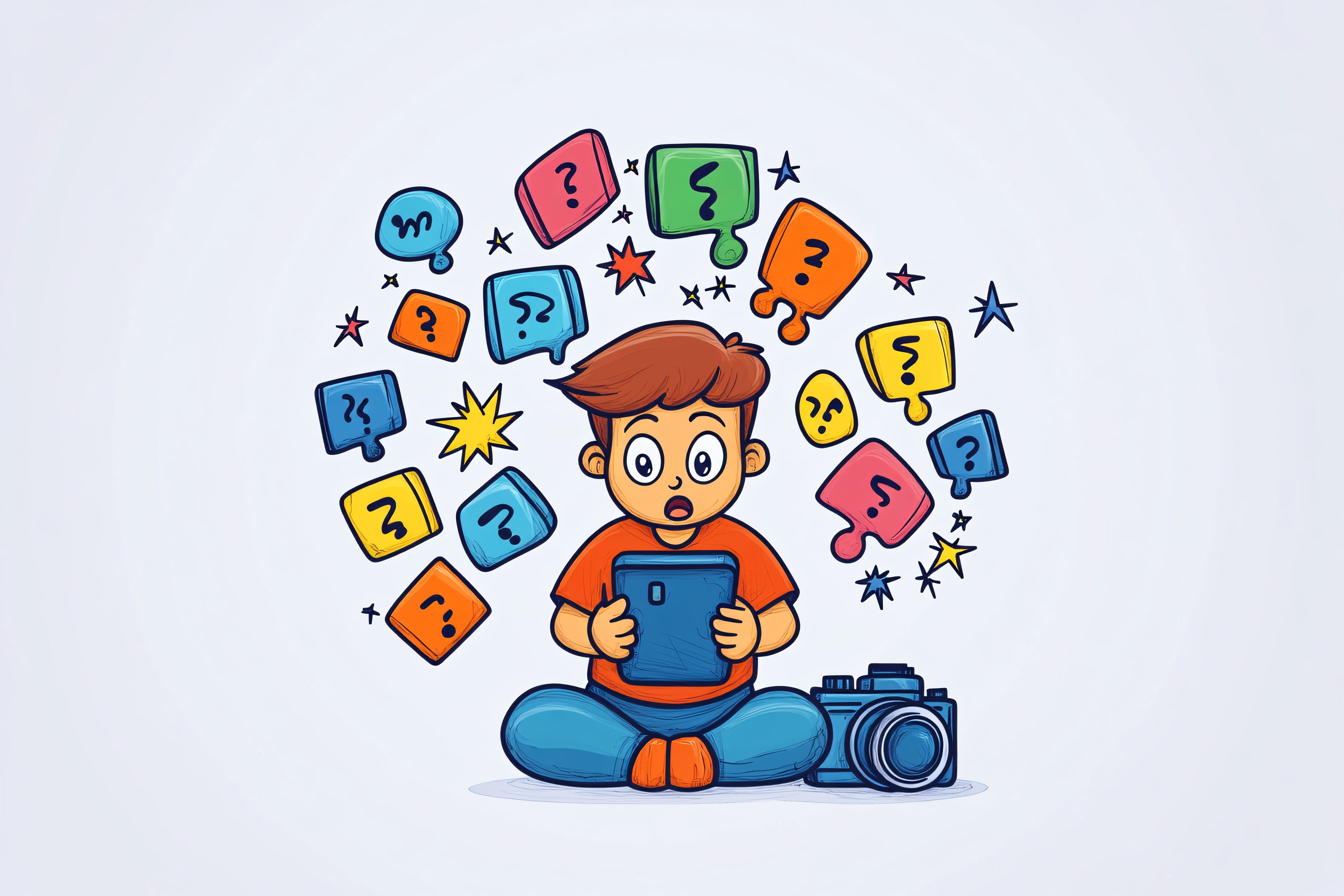 Boy with Tablet and Question Marks
