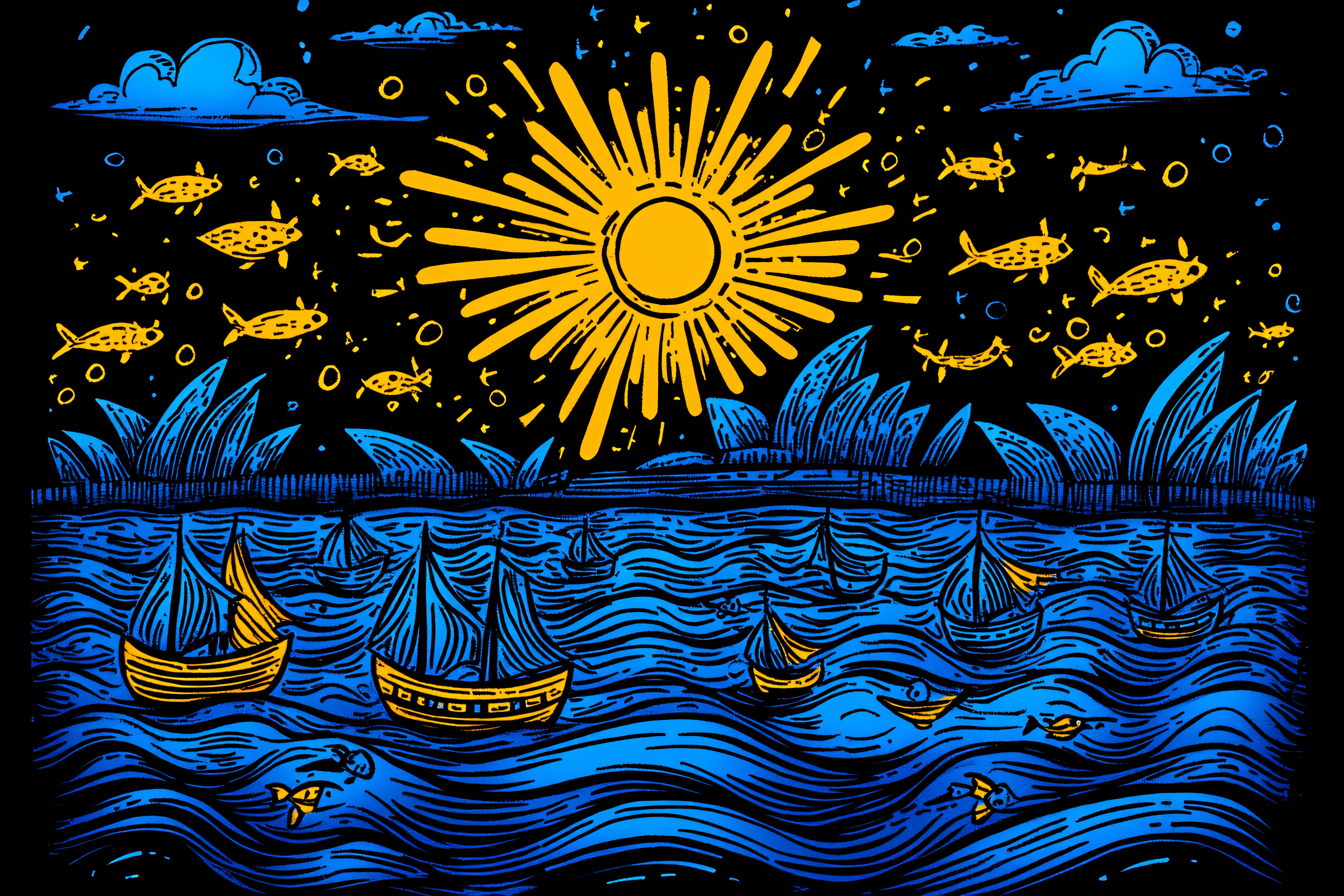 Bright Ocean Scene With Boats And Cityscape