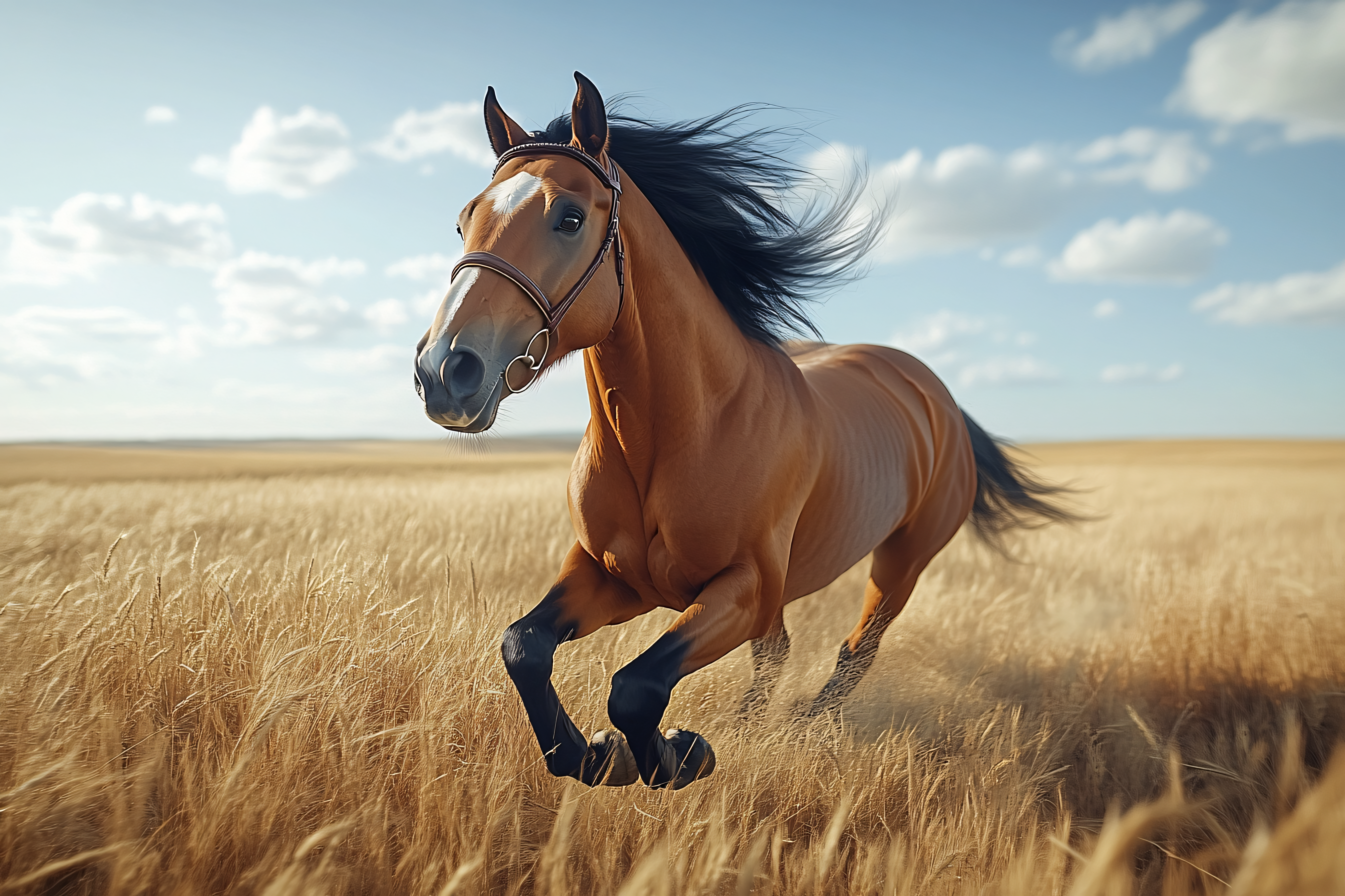 Brown Horse Galloping In Wheat Field