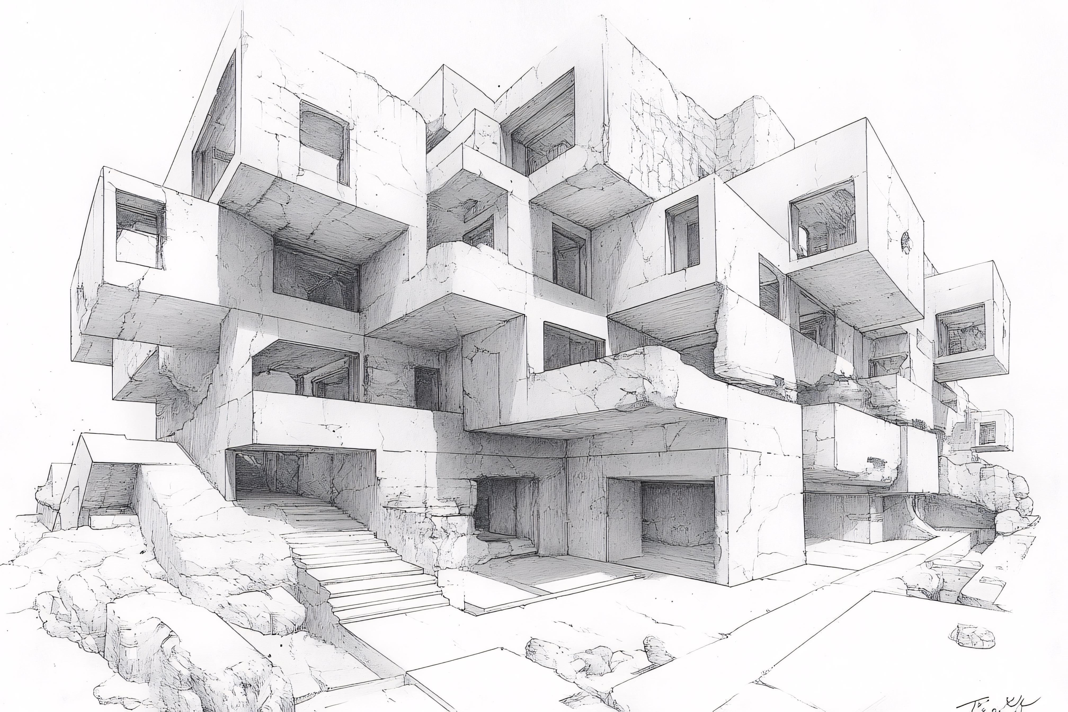 Brutalist Cube Architecture Sketch