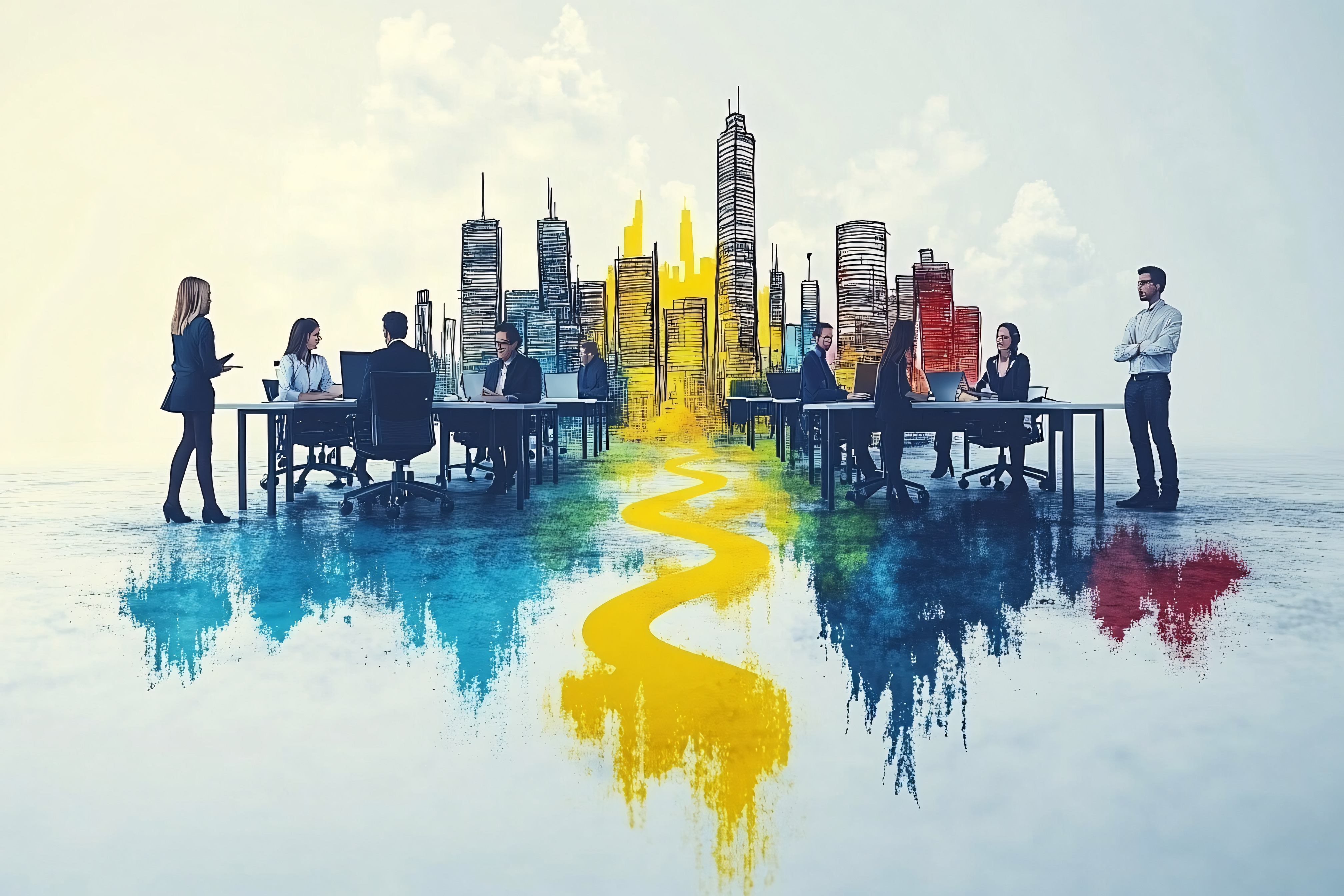 Business Meeting in a Sketched Cityscape