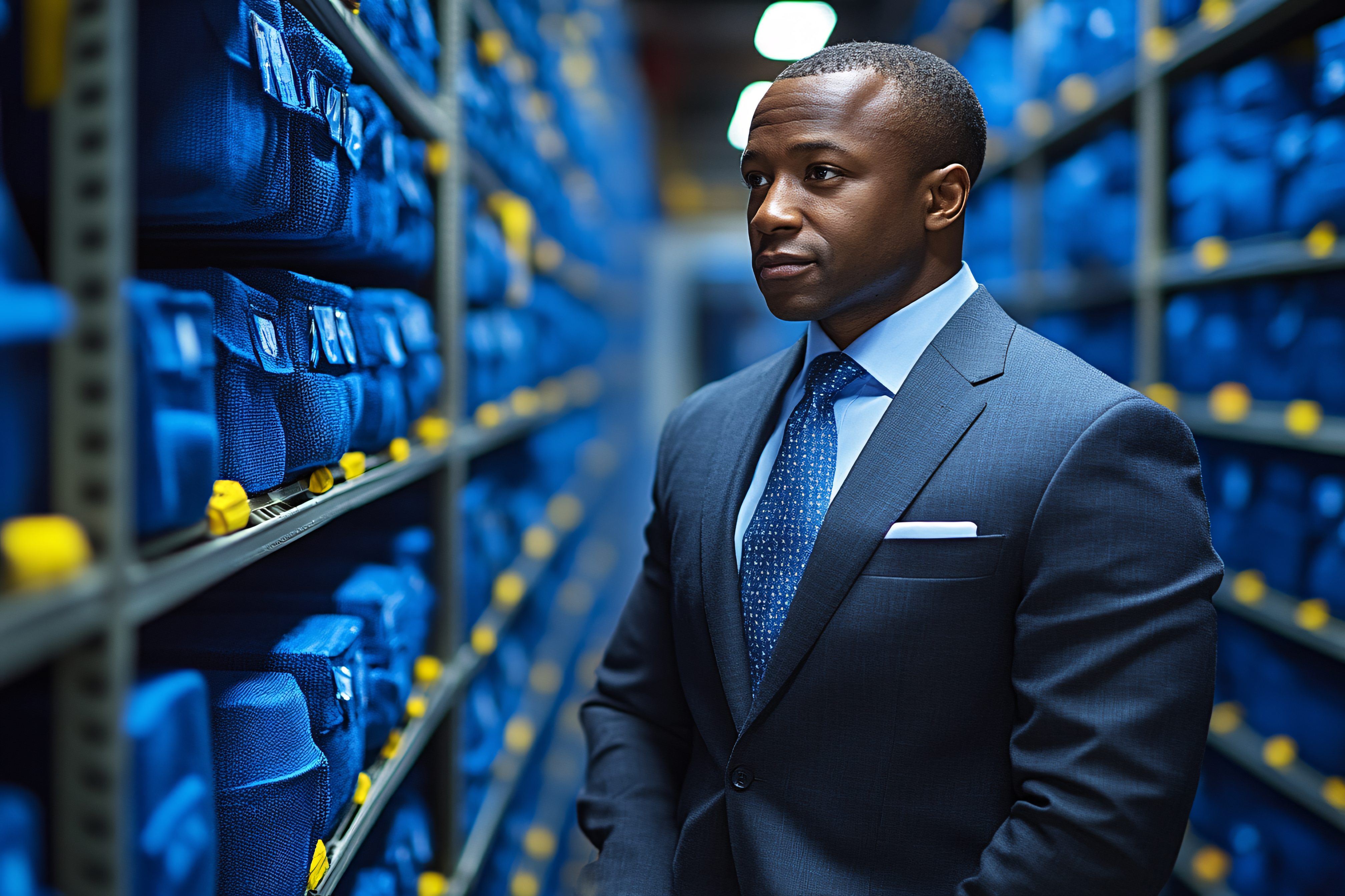 Businessman In Blue Suit Standing In Warehouse