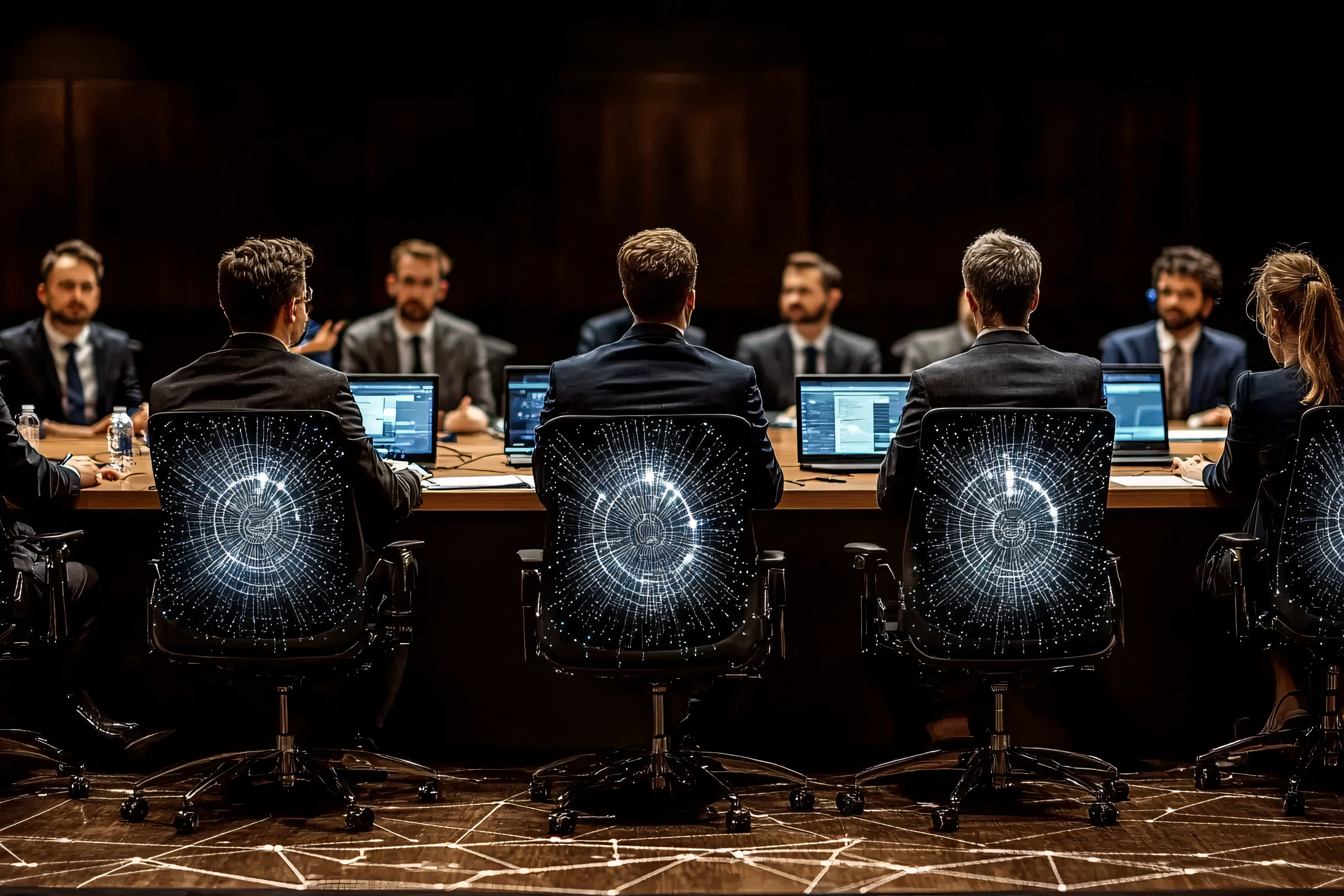 Businesspeople In Meeting Around Table With Illuminated Chairs