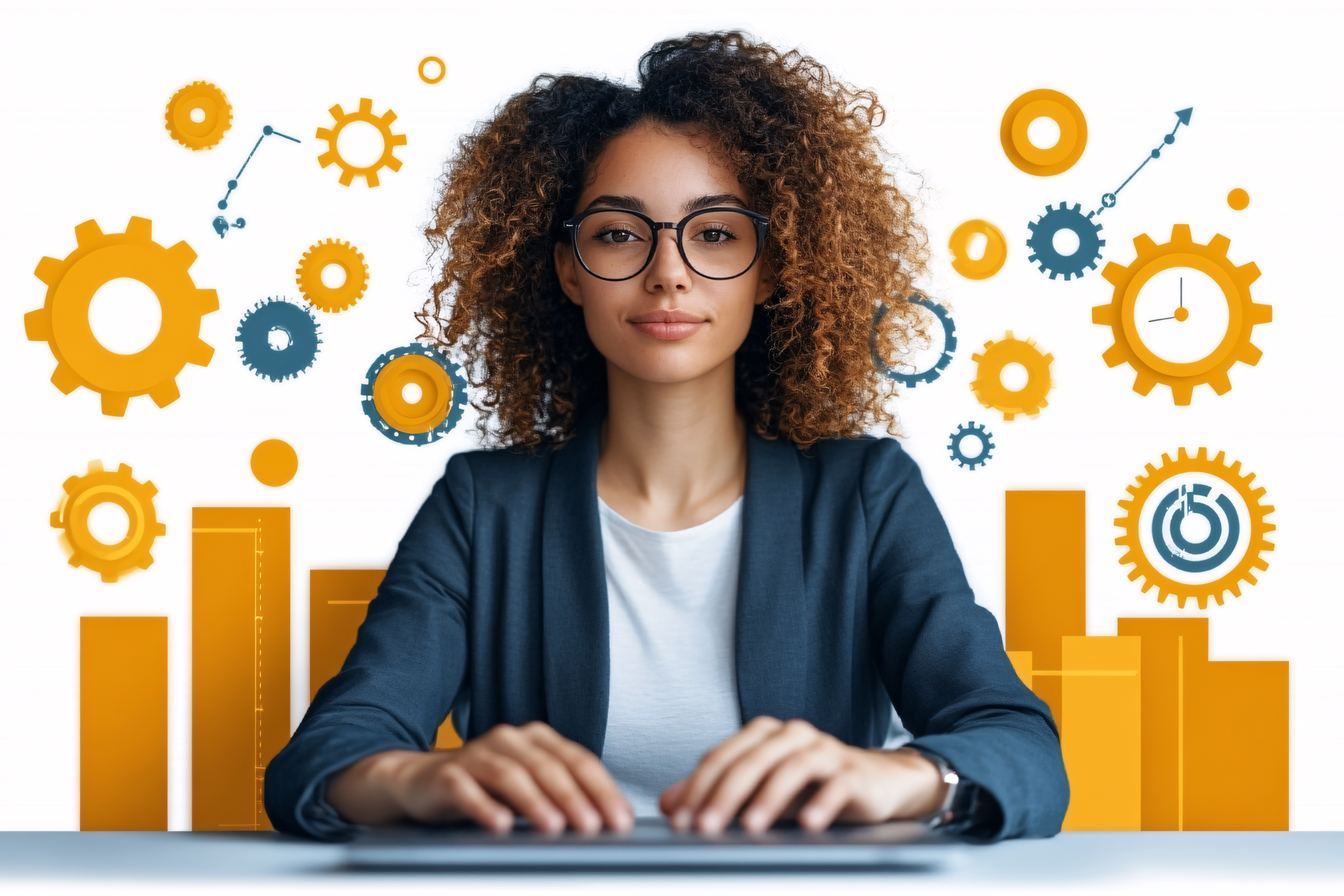 Businesswoman With Gears And Charts Background