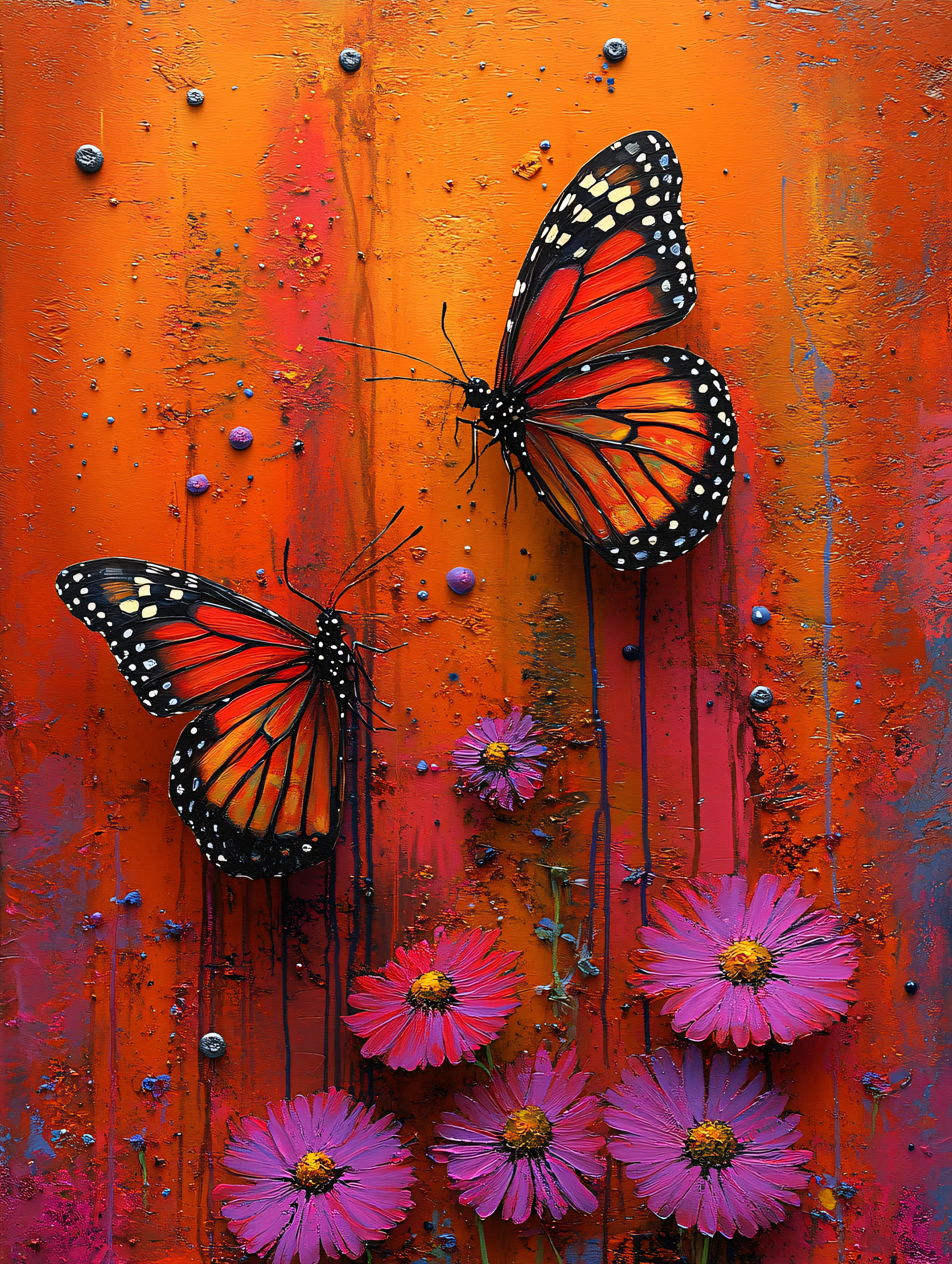 Butterflies and Purple Daisies on Orange Canvas