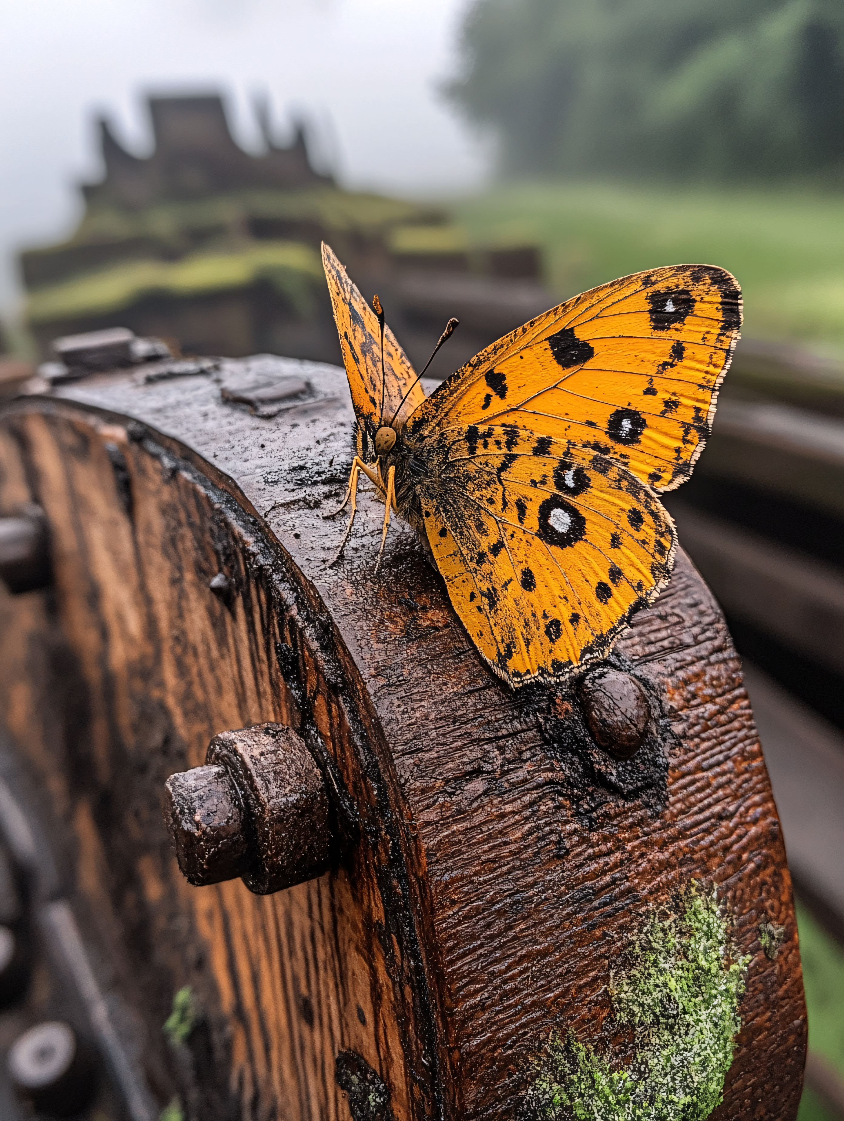 Butterfly Resting on Wooden Wheel
