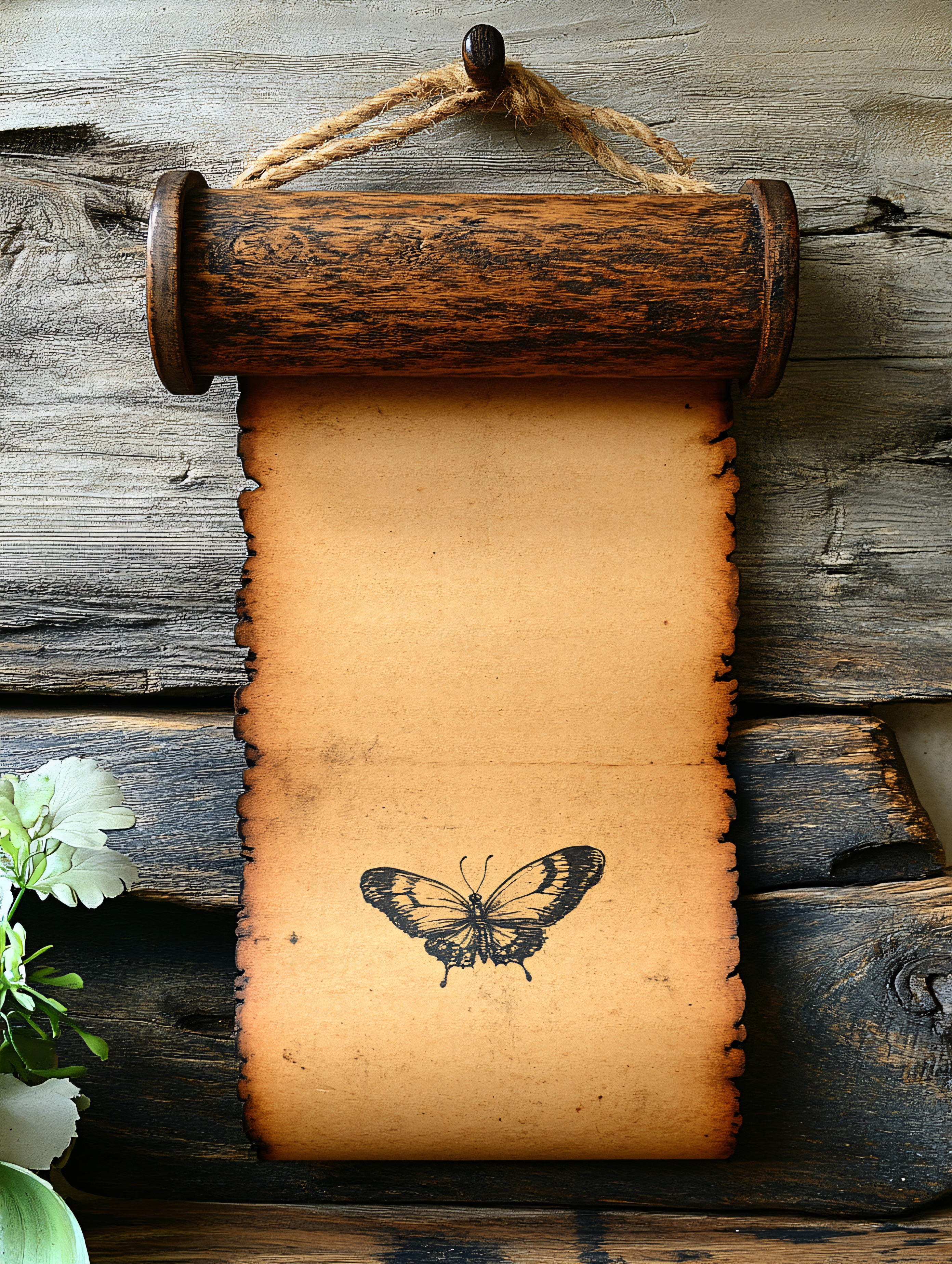Butterfly Scroll On Wooden Background