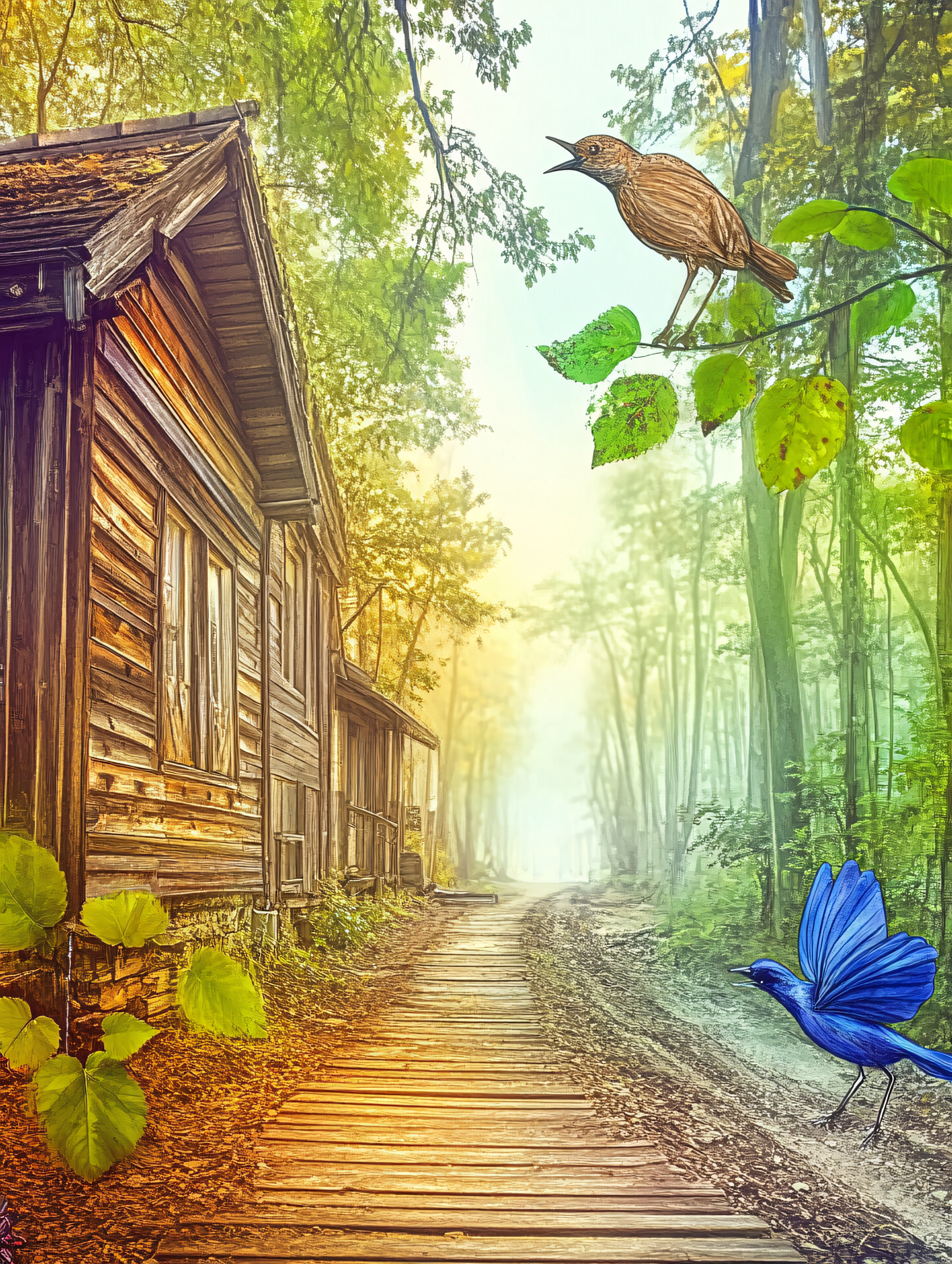 Cabin in Forest with Birds