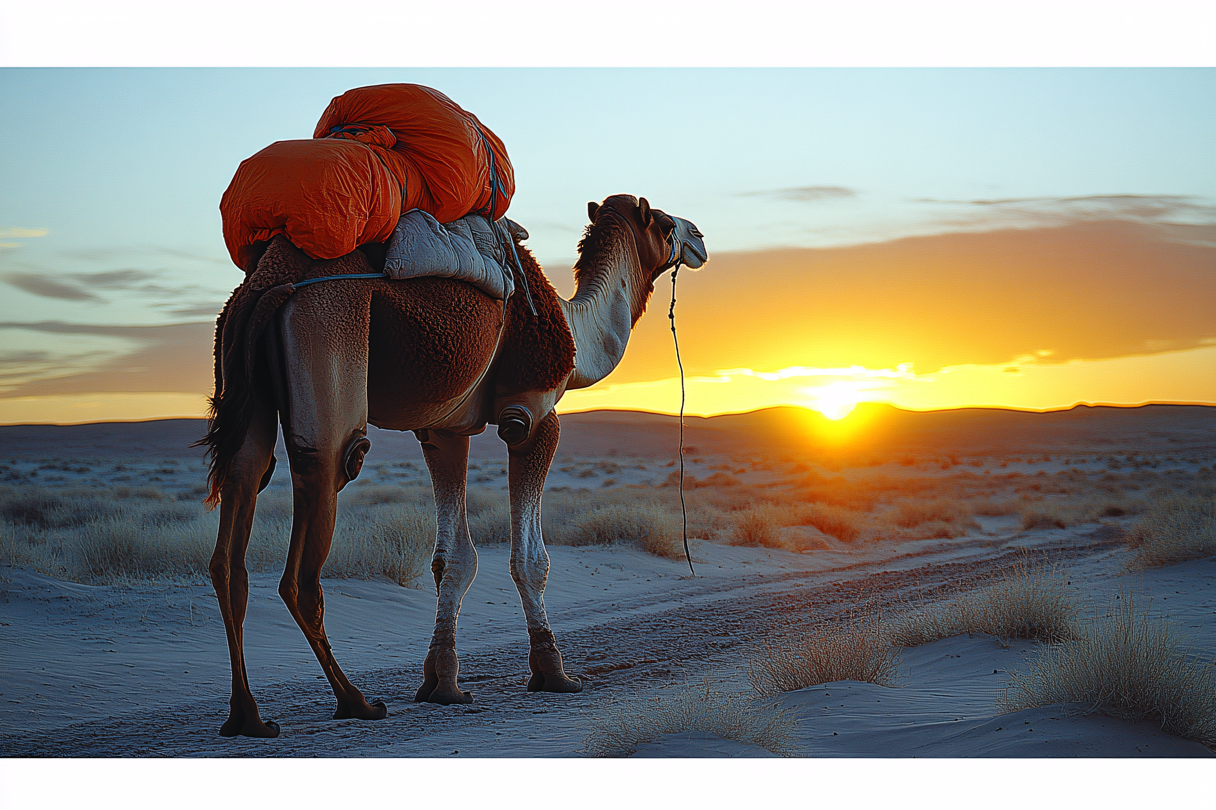 Camel In Desert Landscape At Sunset