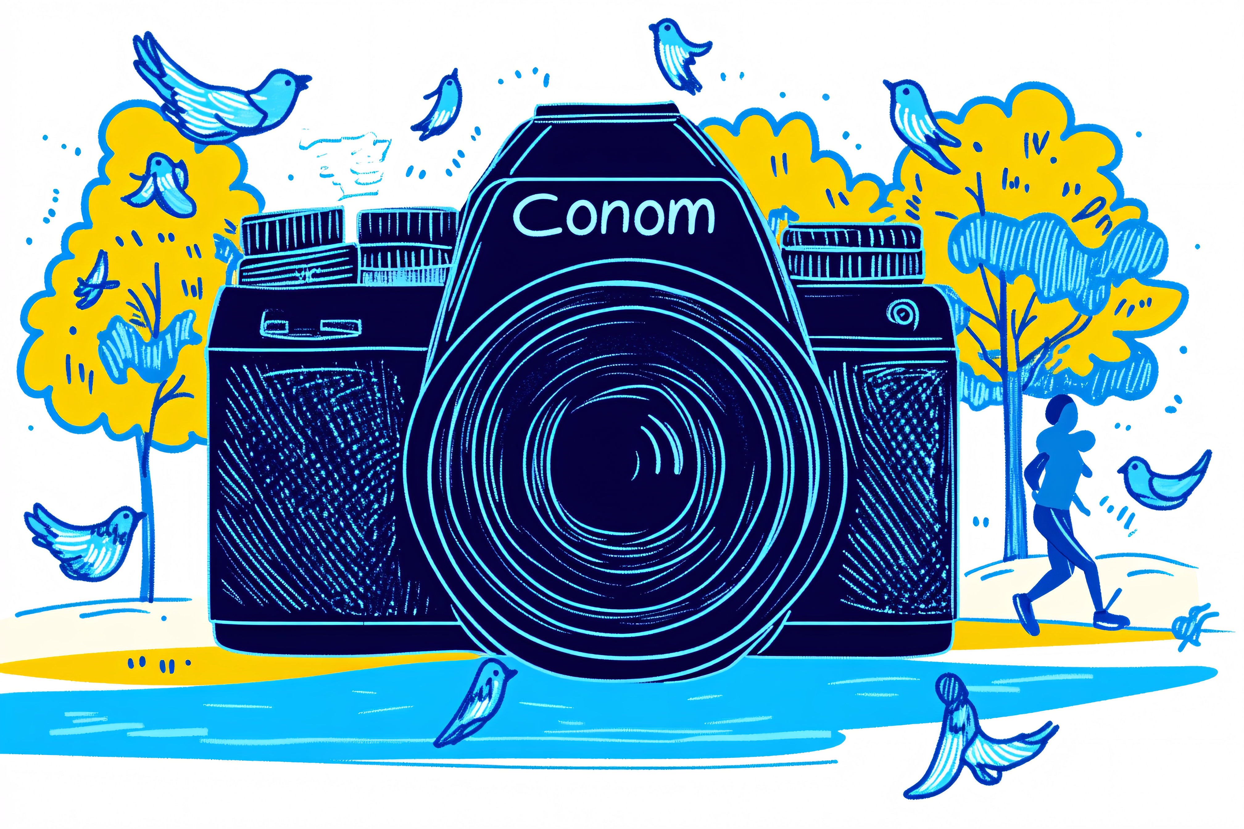 Camera and Birds Illustration