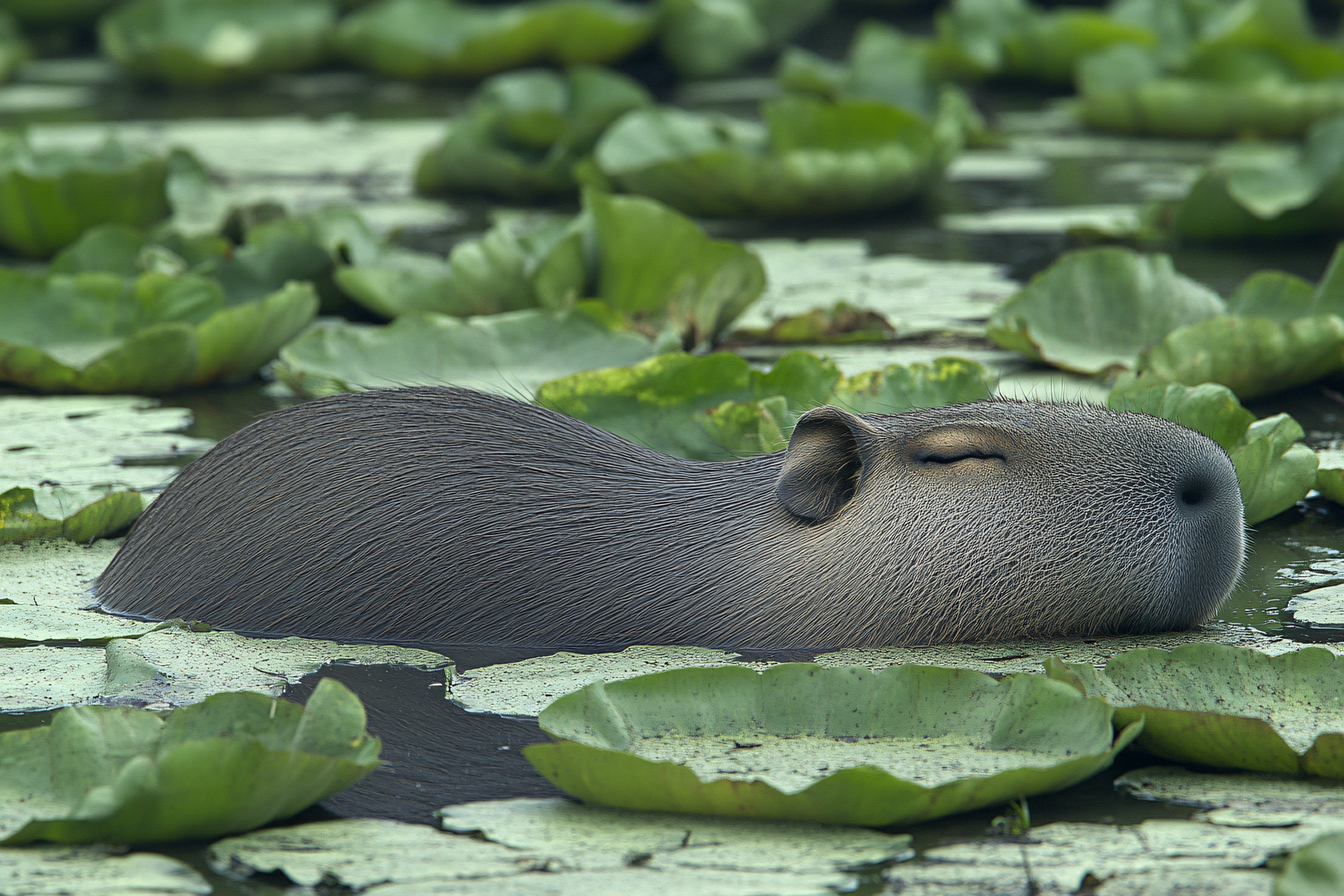 Capybara Resting in Lily Pads