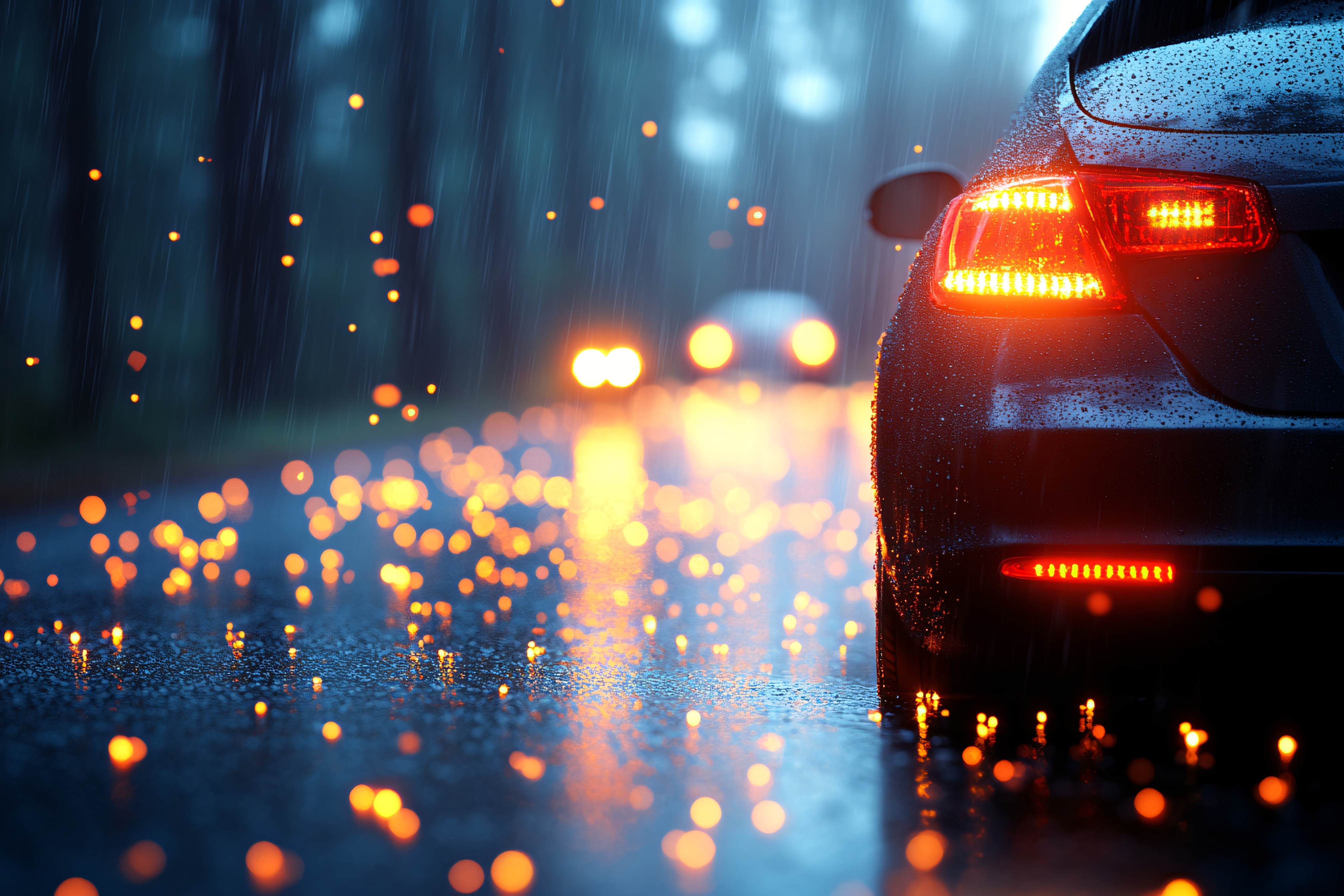 Car Tail Lights in Rain
