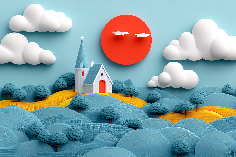 Cartoon Landscape with Church and Red Sun
