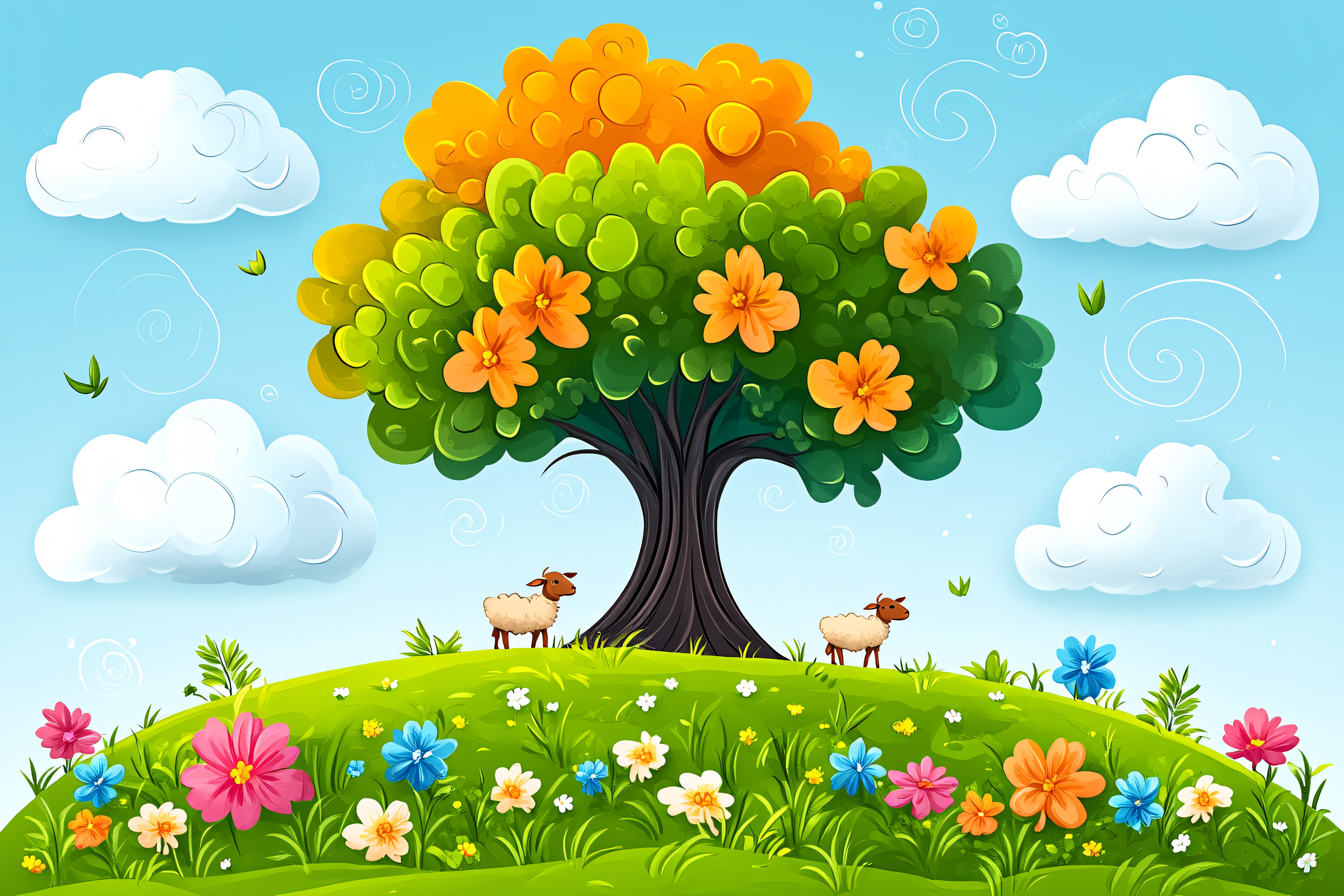 Cartoon Landscape with Tree and Sheep