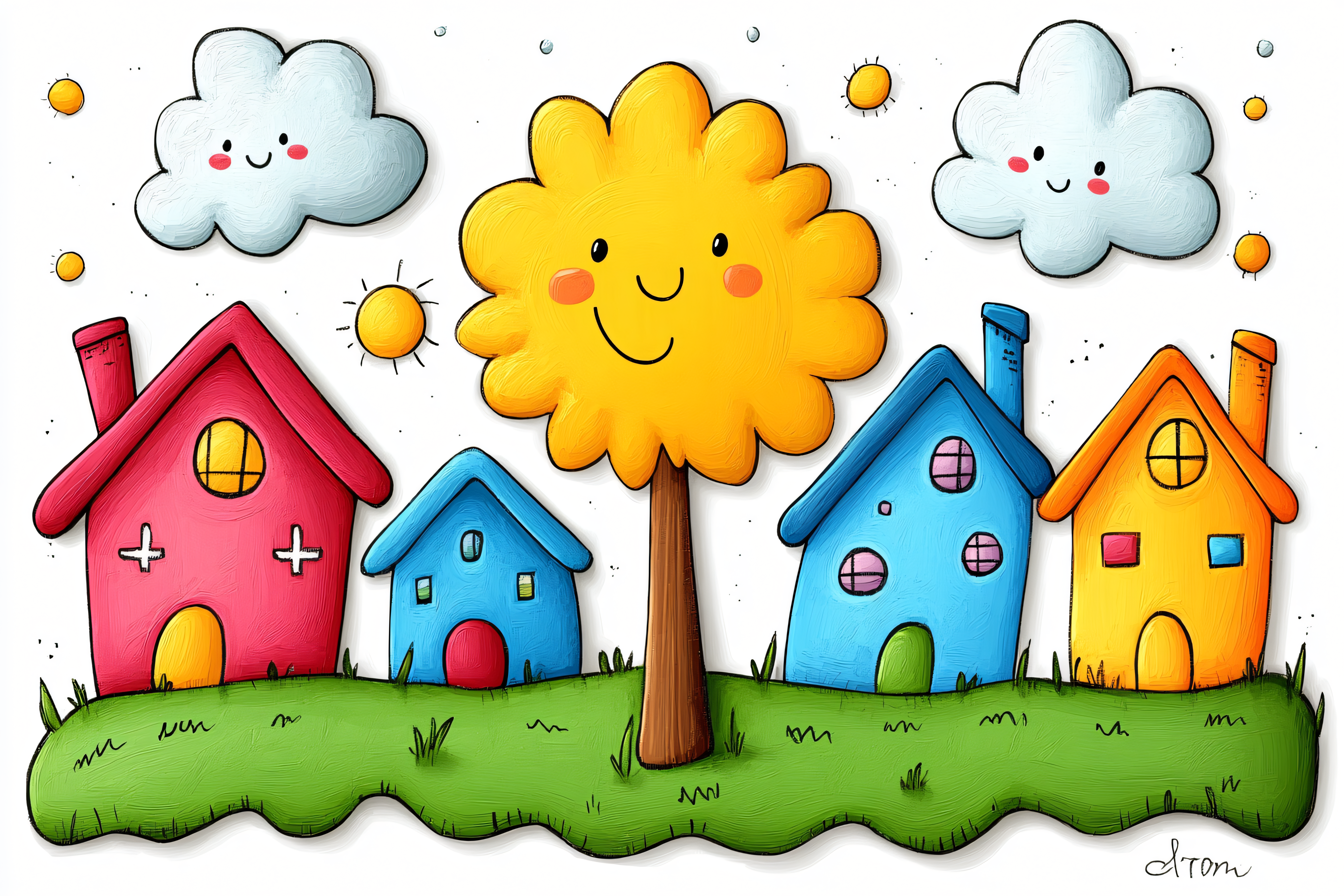 Cartoonish Landscape With Smiling Tree And Houses