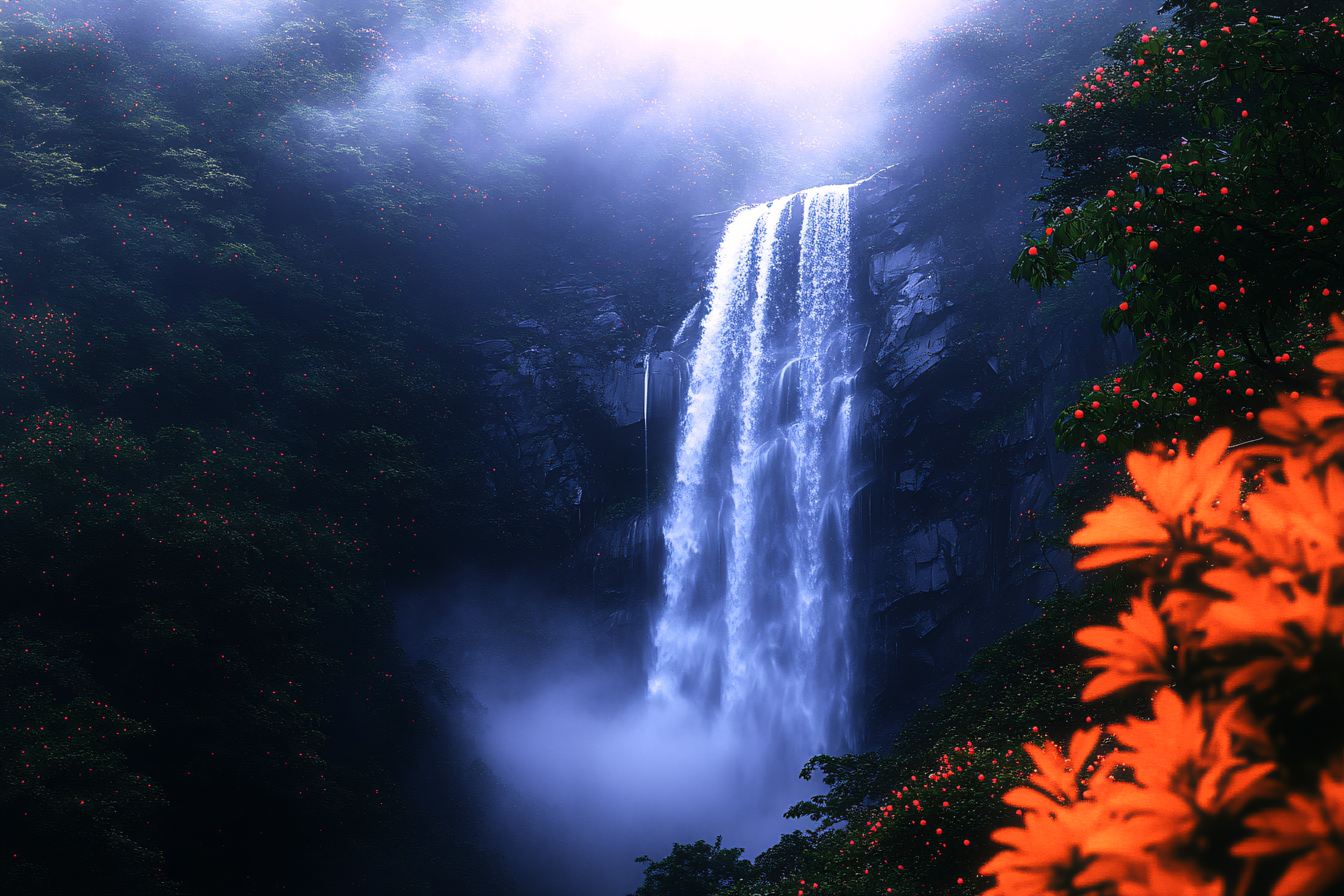 Cascading Waterfall in Verdant Landscape