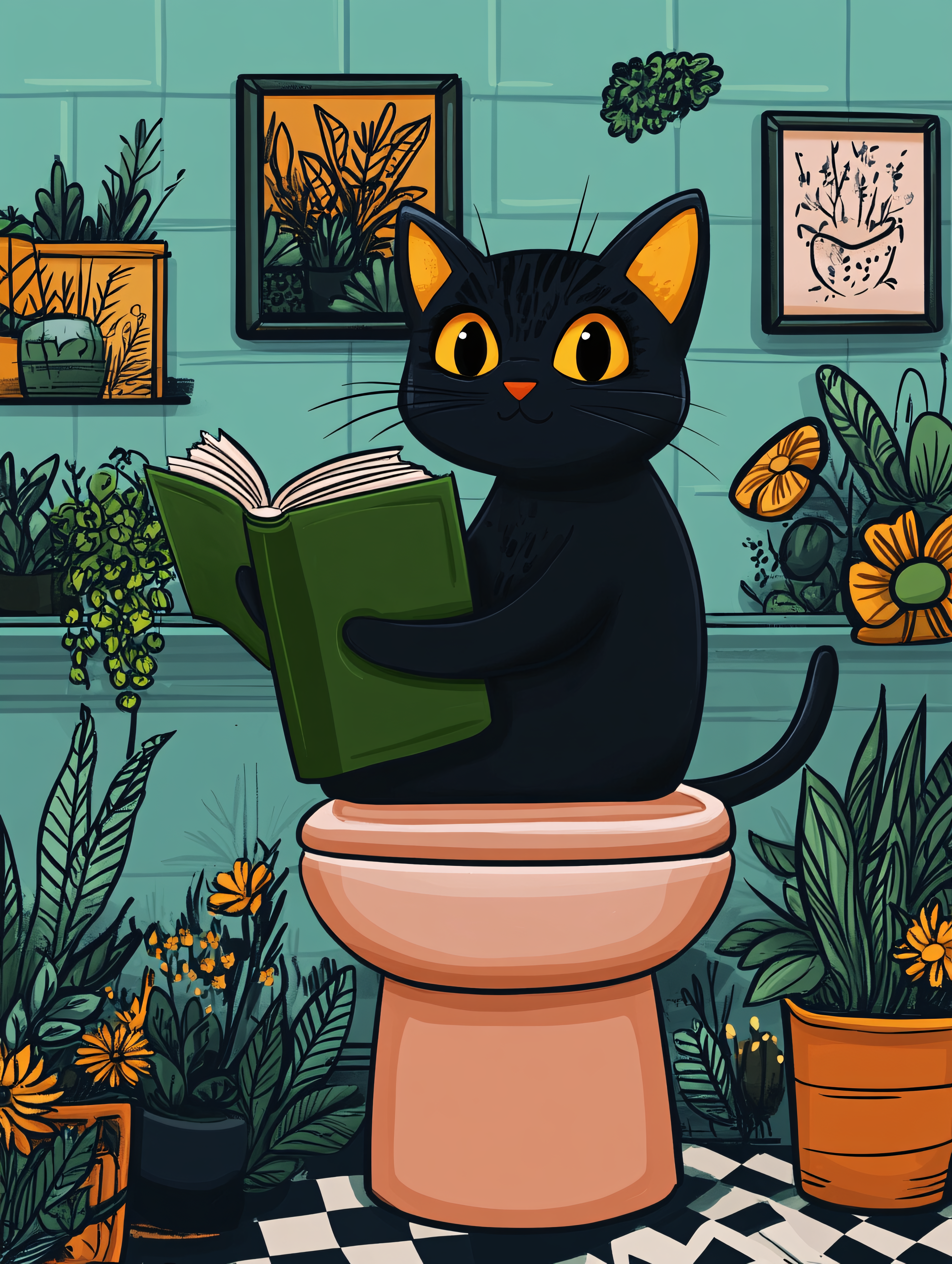 Cat Reading Book On Toilet Surrounded By Plants
