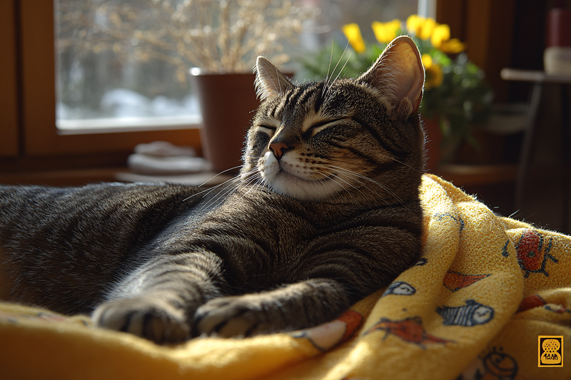 Cat Sunbathing on Yellow Blanket