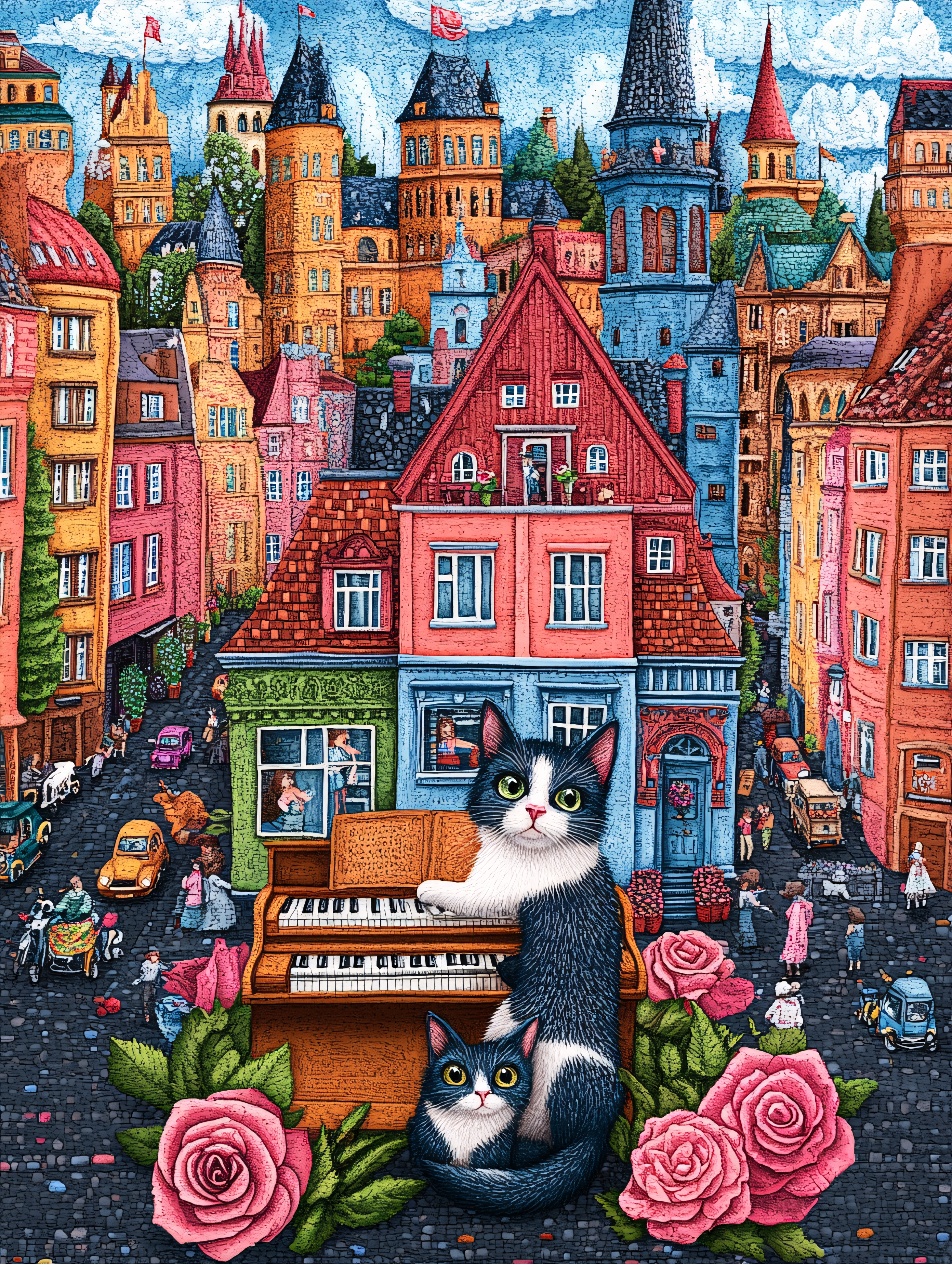 Cats Playing Piano In European Cityscape