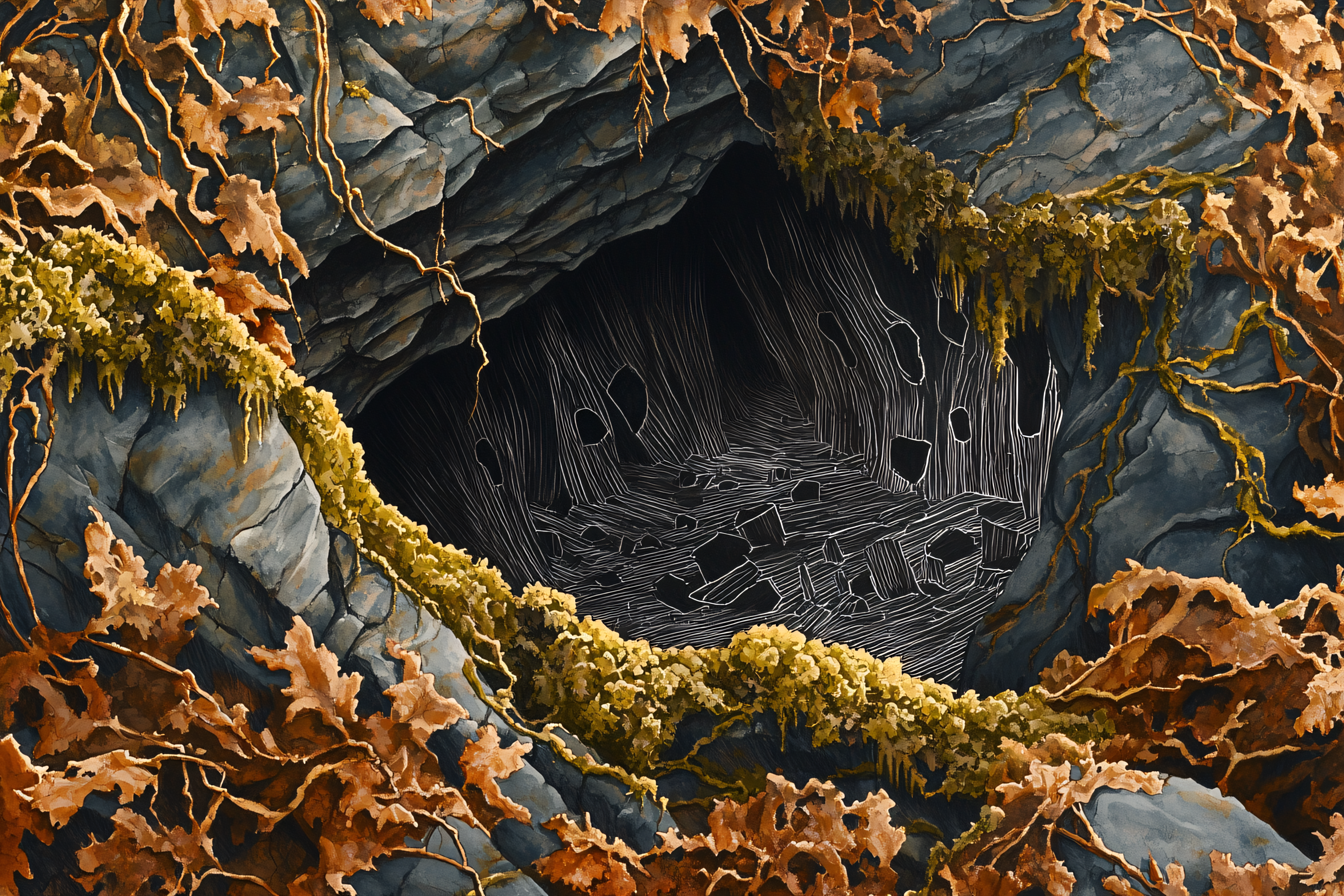 Cave Entrance With Autumn Foliage