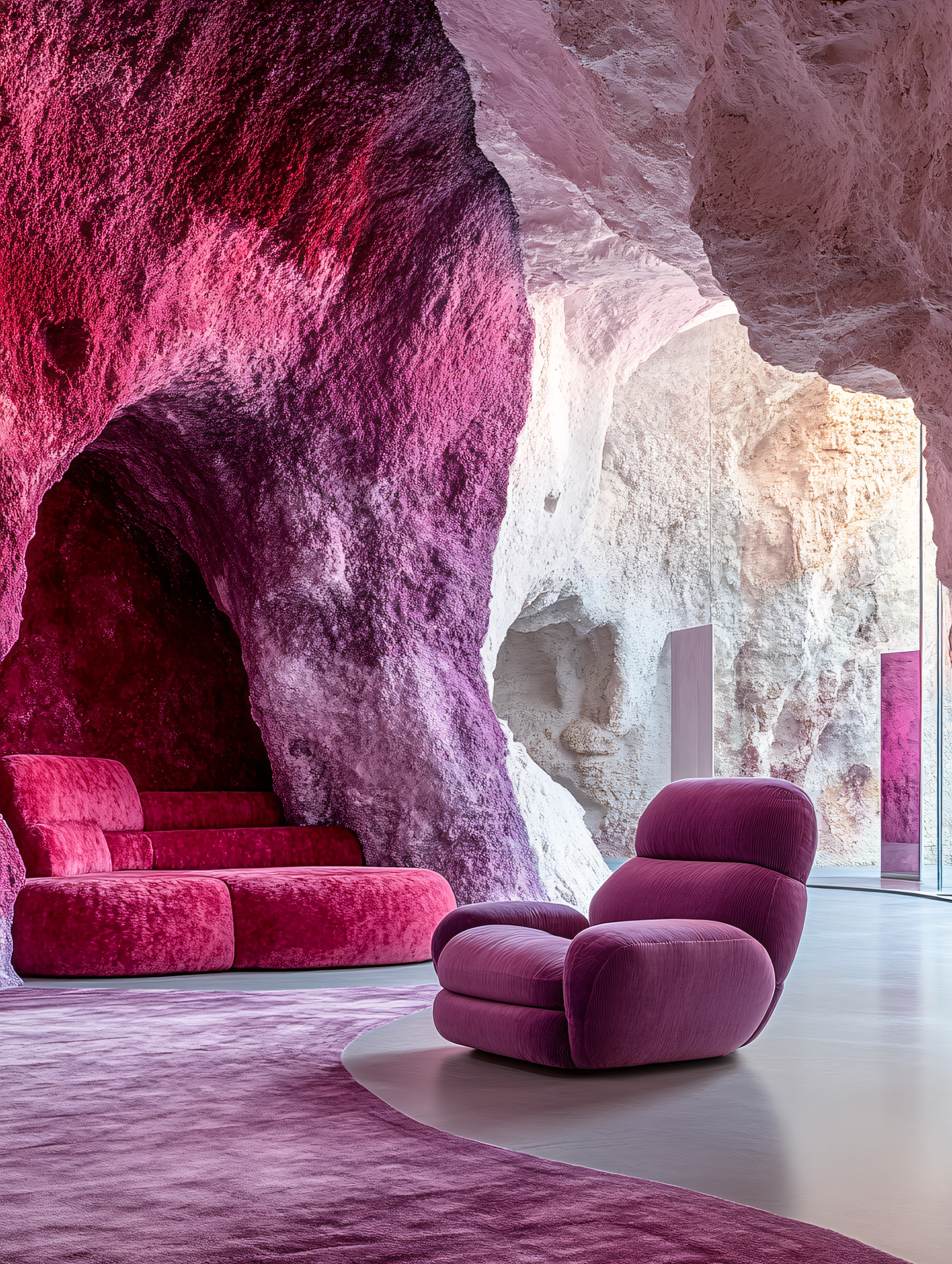 Cave Inspired Pink Living Room Interior