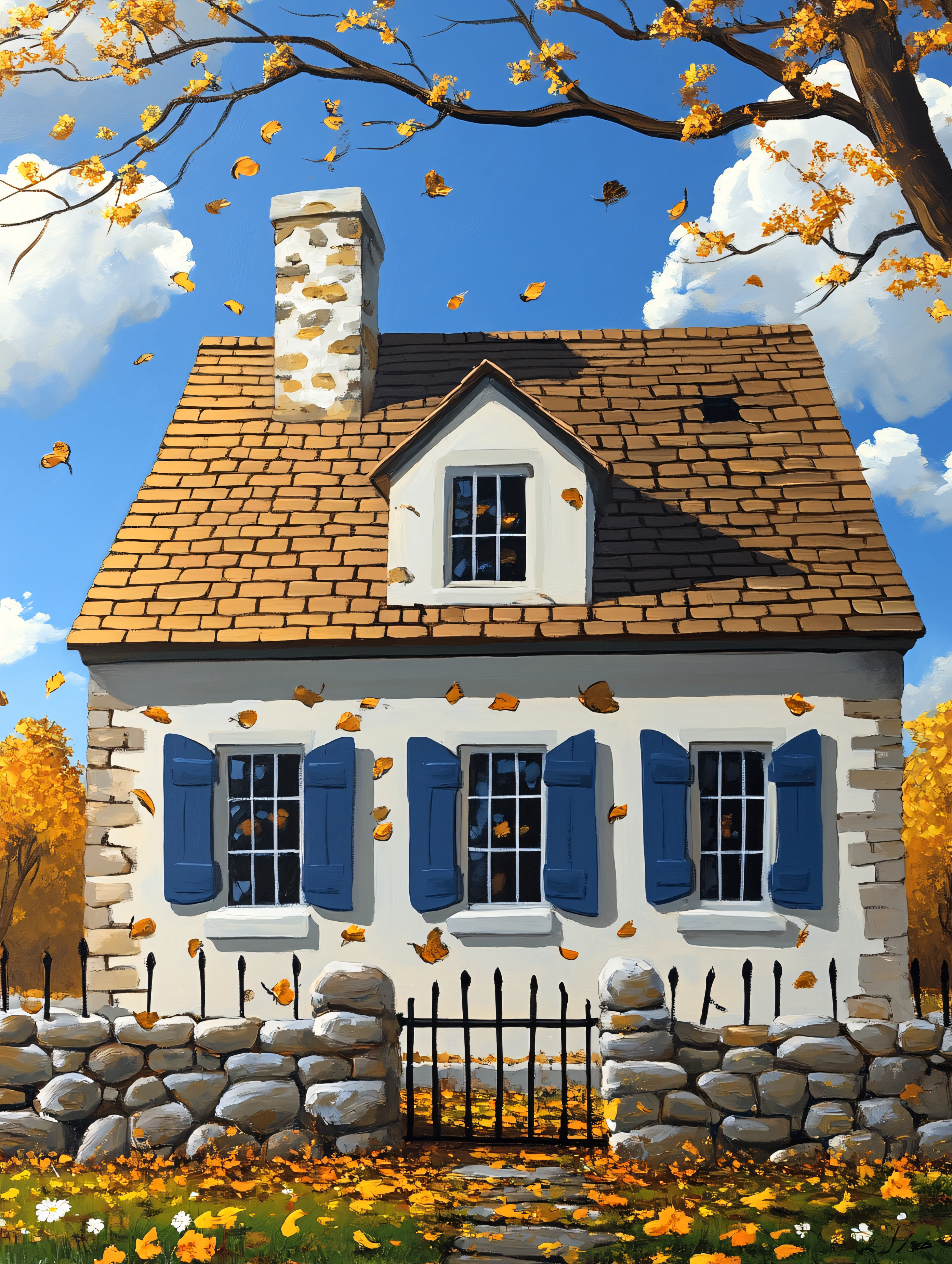 Charming White Cottage in Autumn