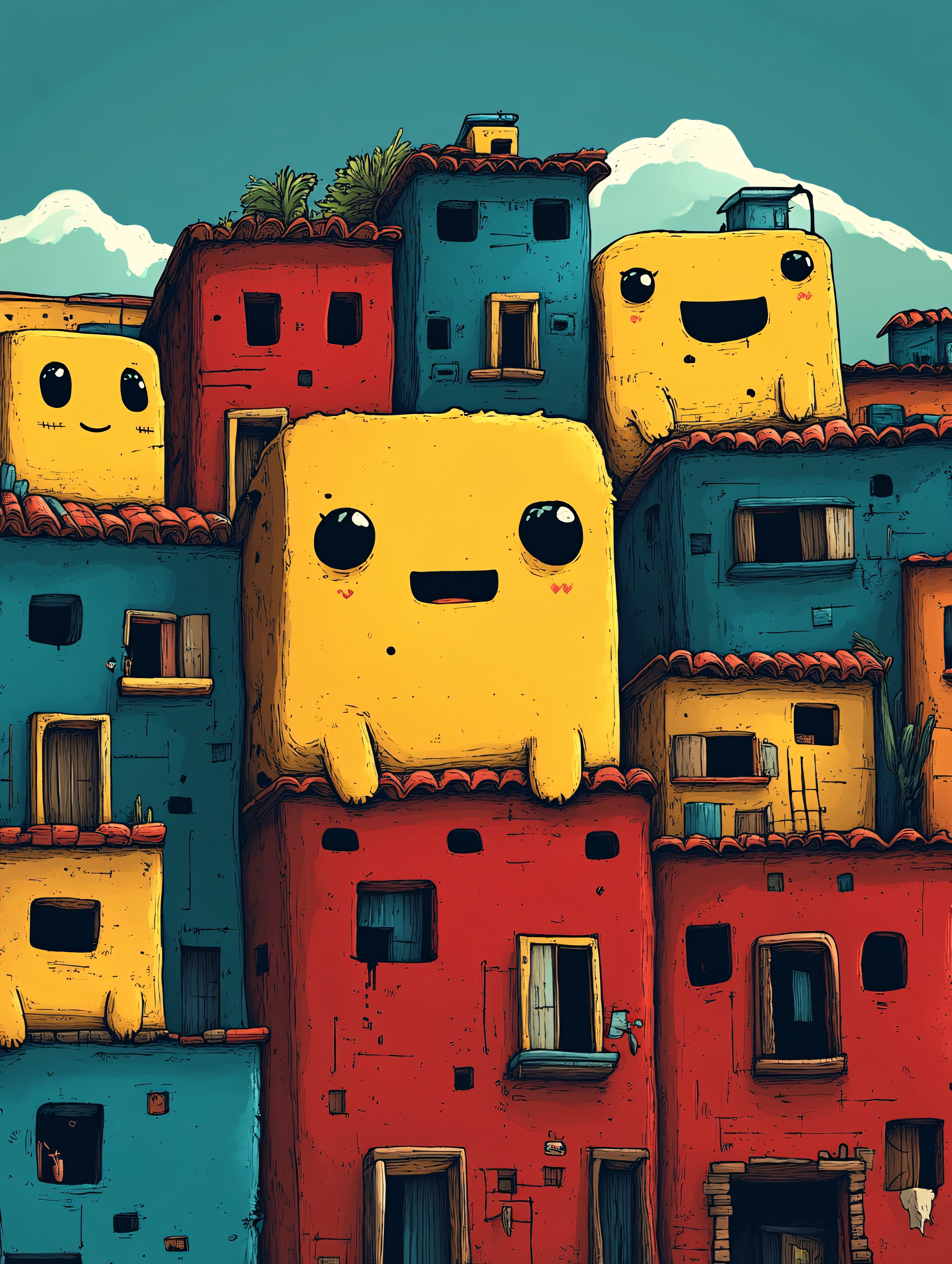 Cheerful Block Characters on Colorful Buildings