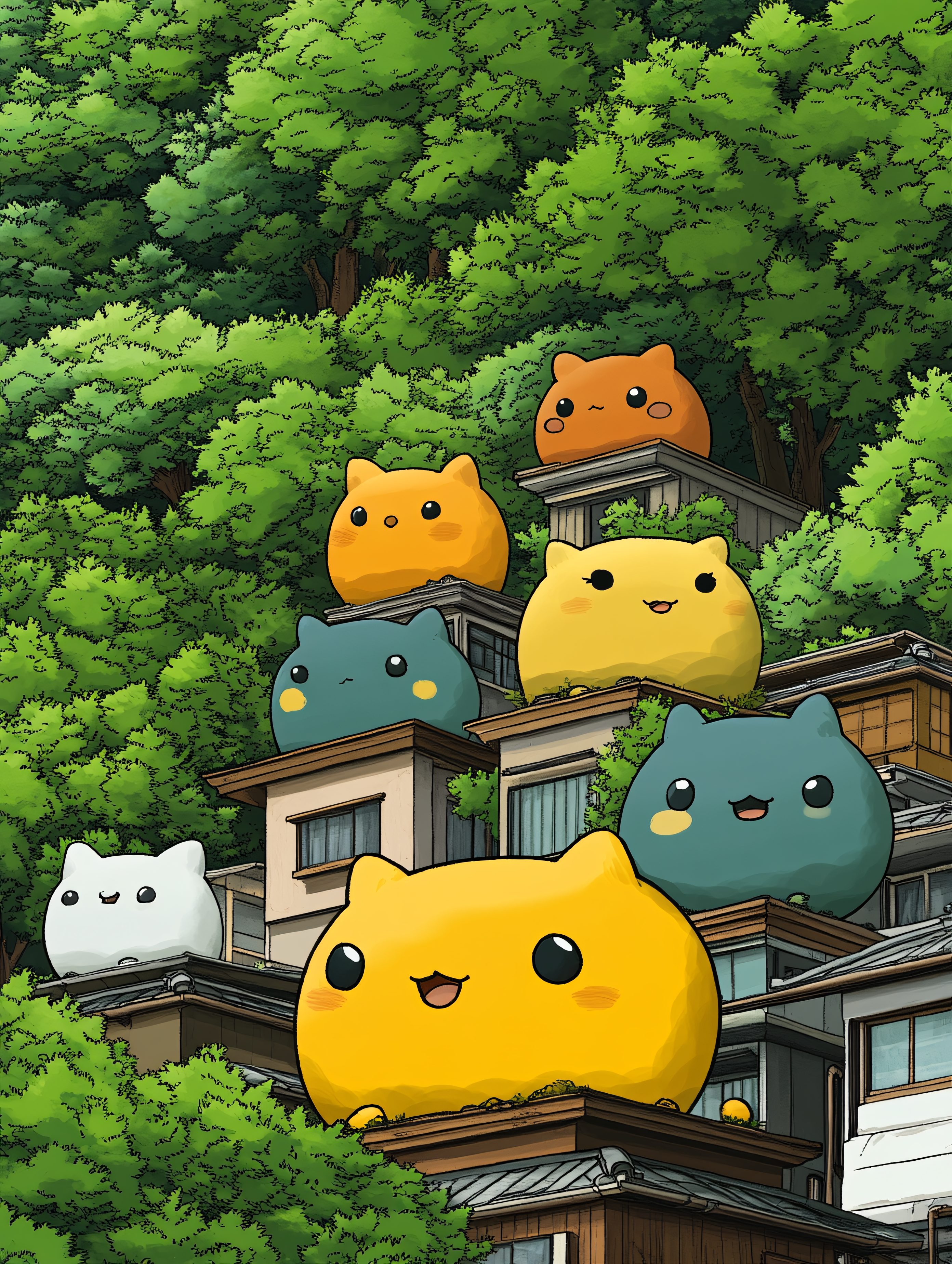 Cheerful Cat Blobs on Rooftops