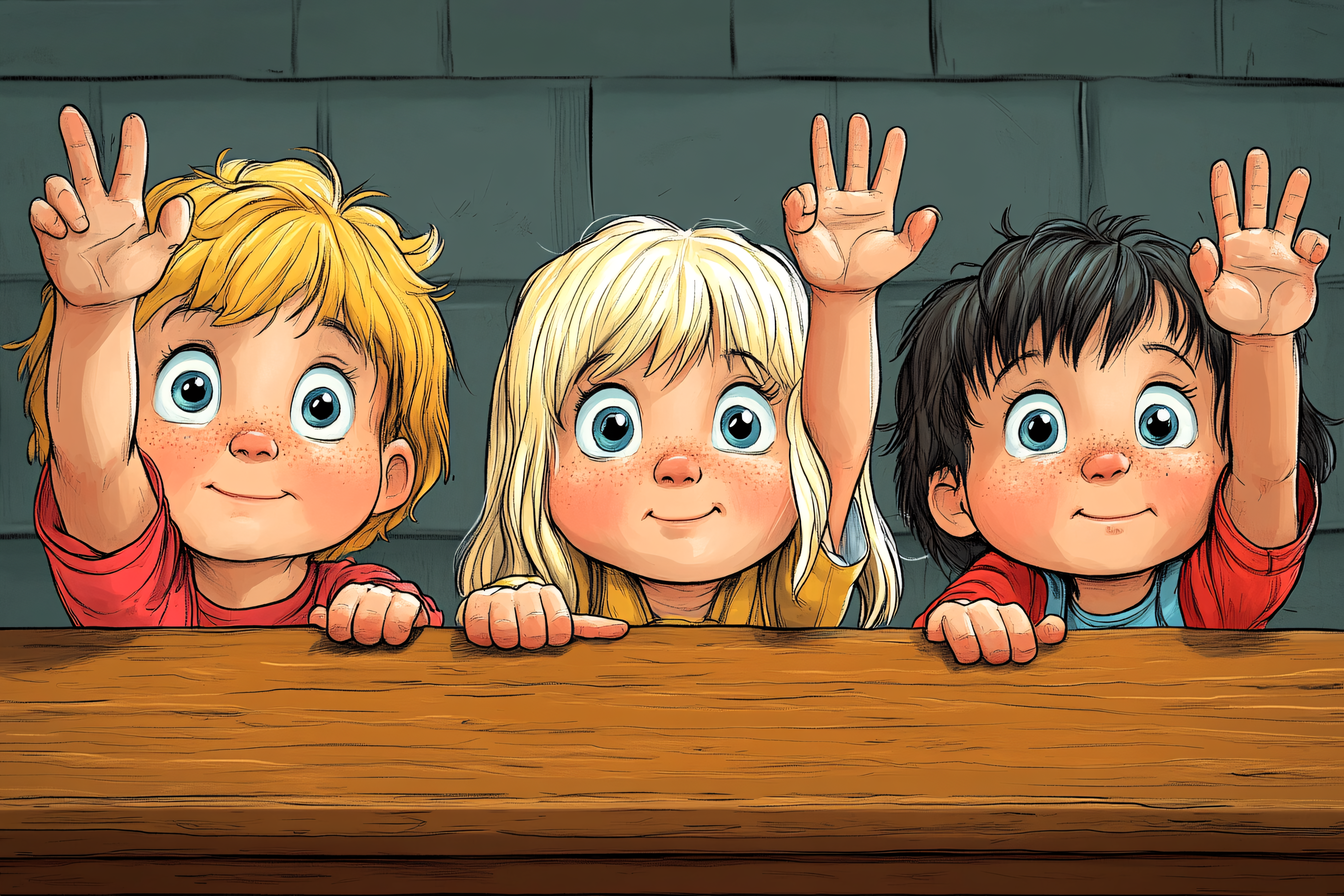 Cheerful Children Waving From Behind Table