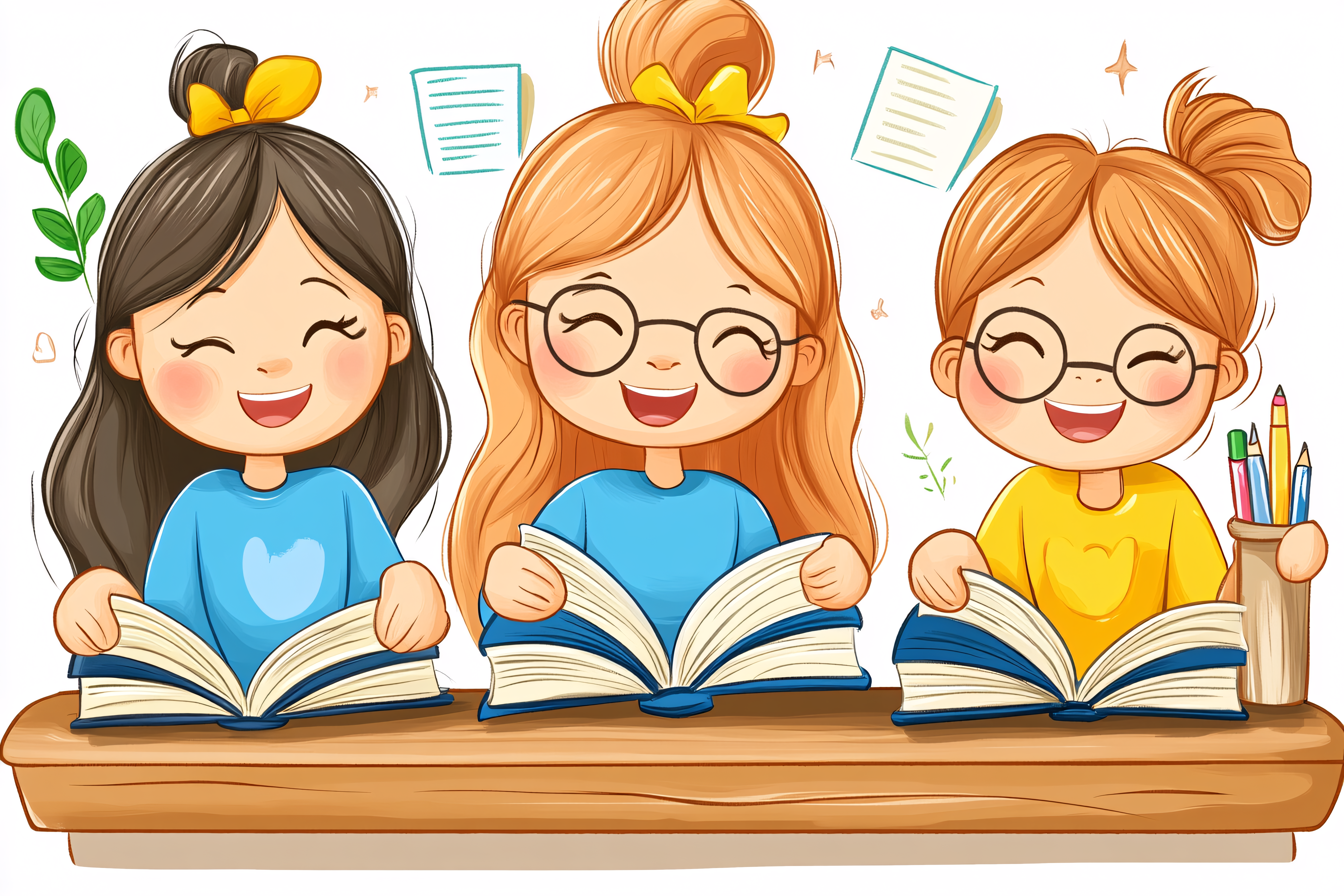 Cheerful Girls Reading Books
