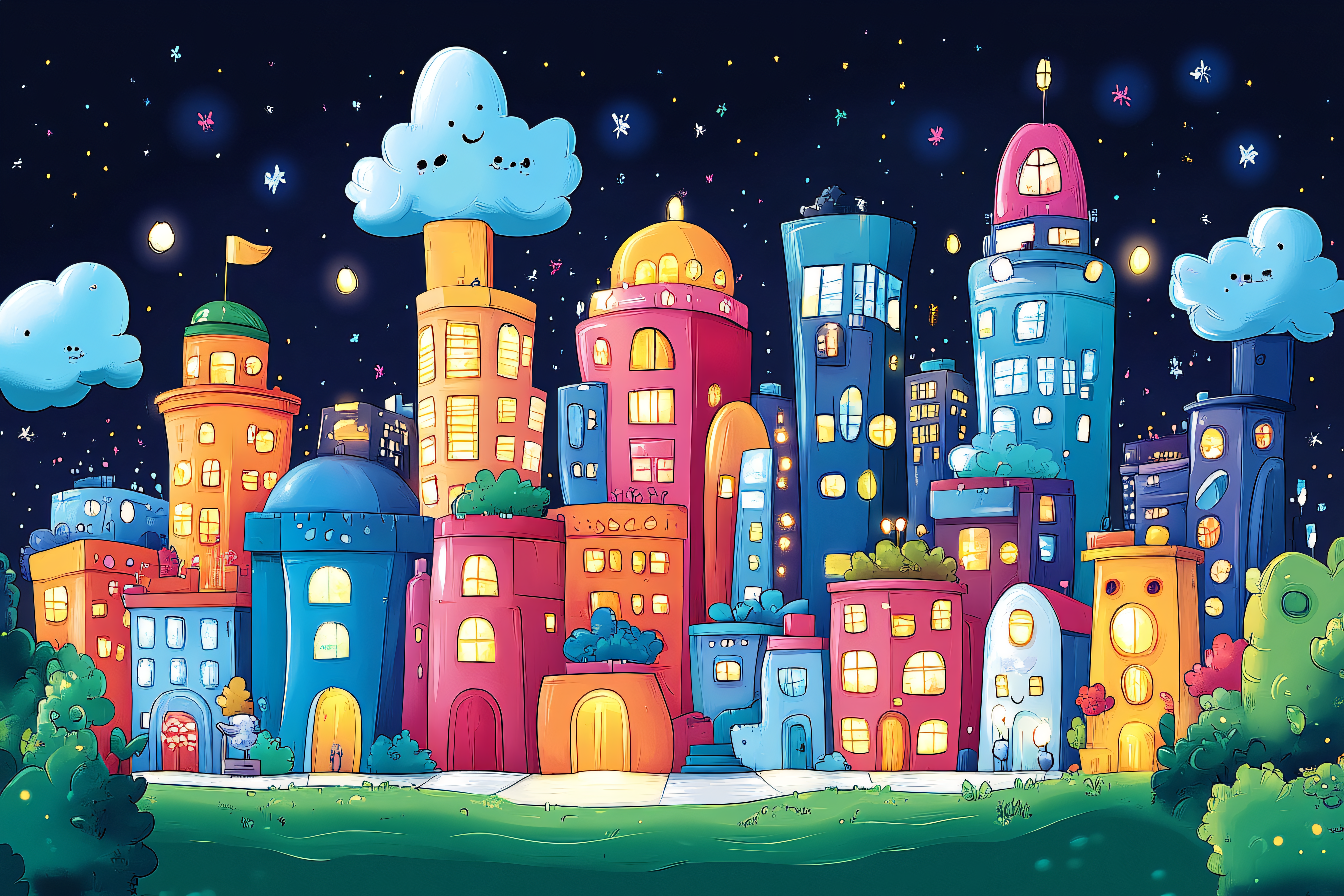 Cheerful Night Cityscape with Smiling Clouds