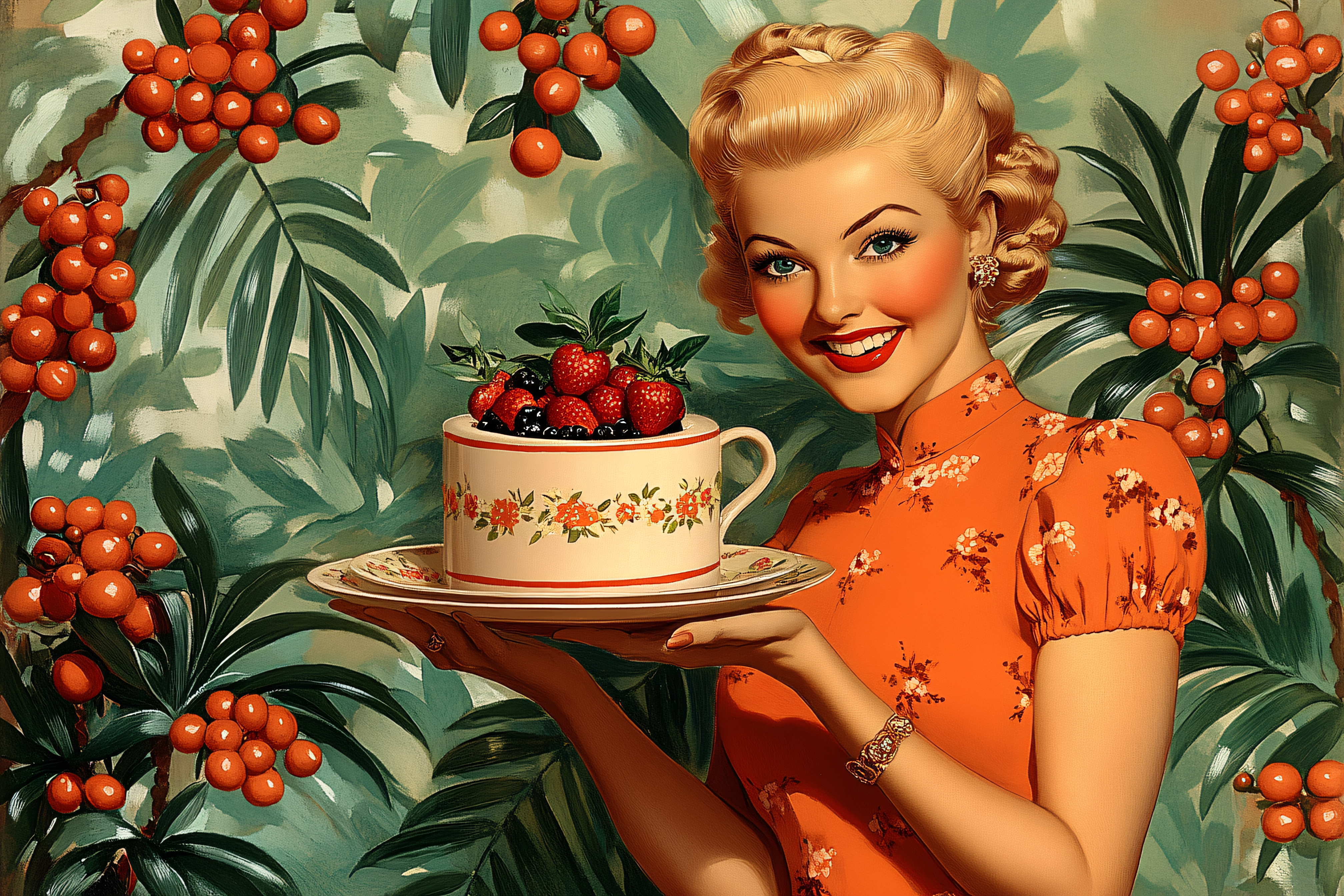 Cheerful Retro Woman with Berries and Tropical Backdrop