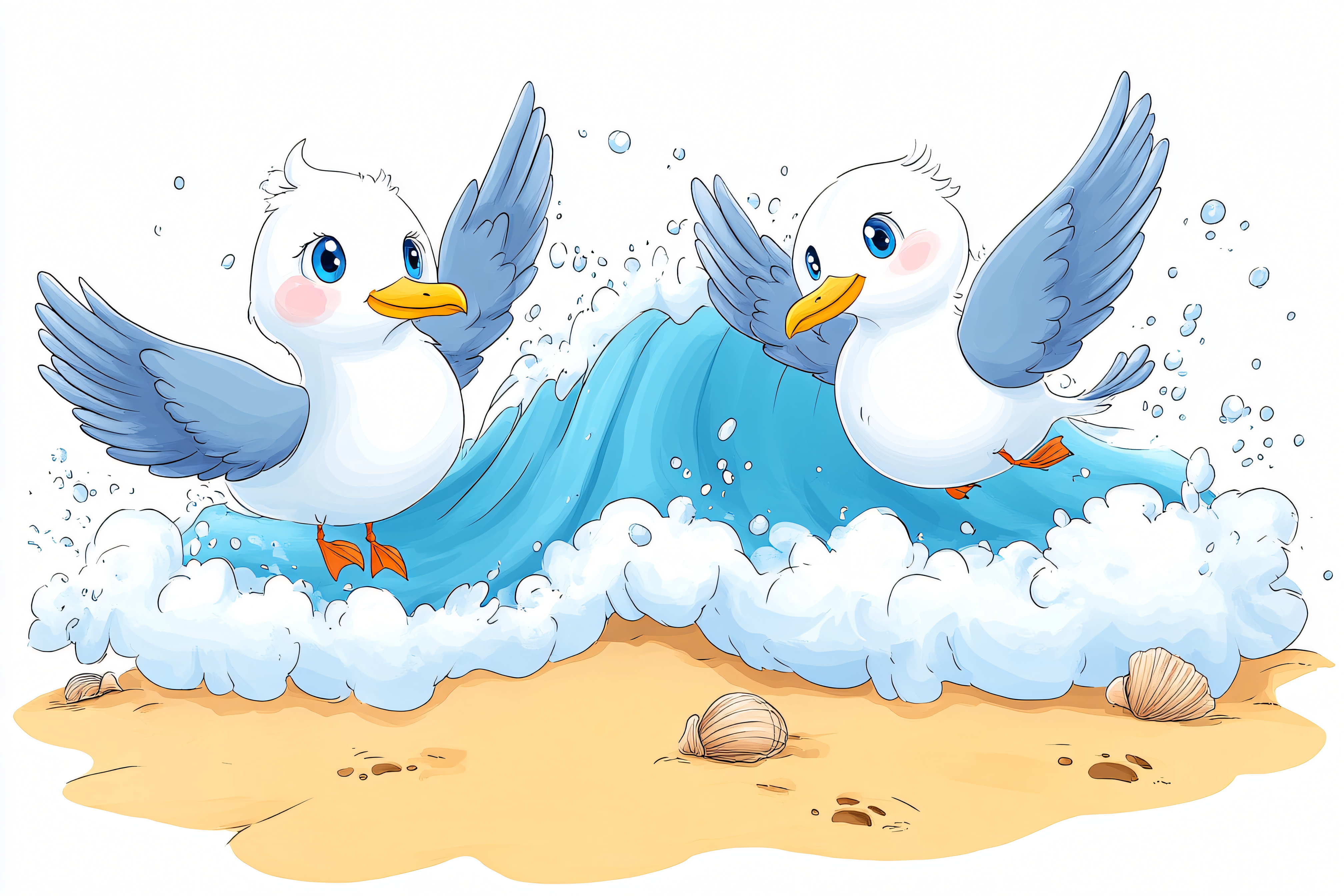 Cheerful Seagulls Playing in Ocean Waves