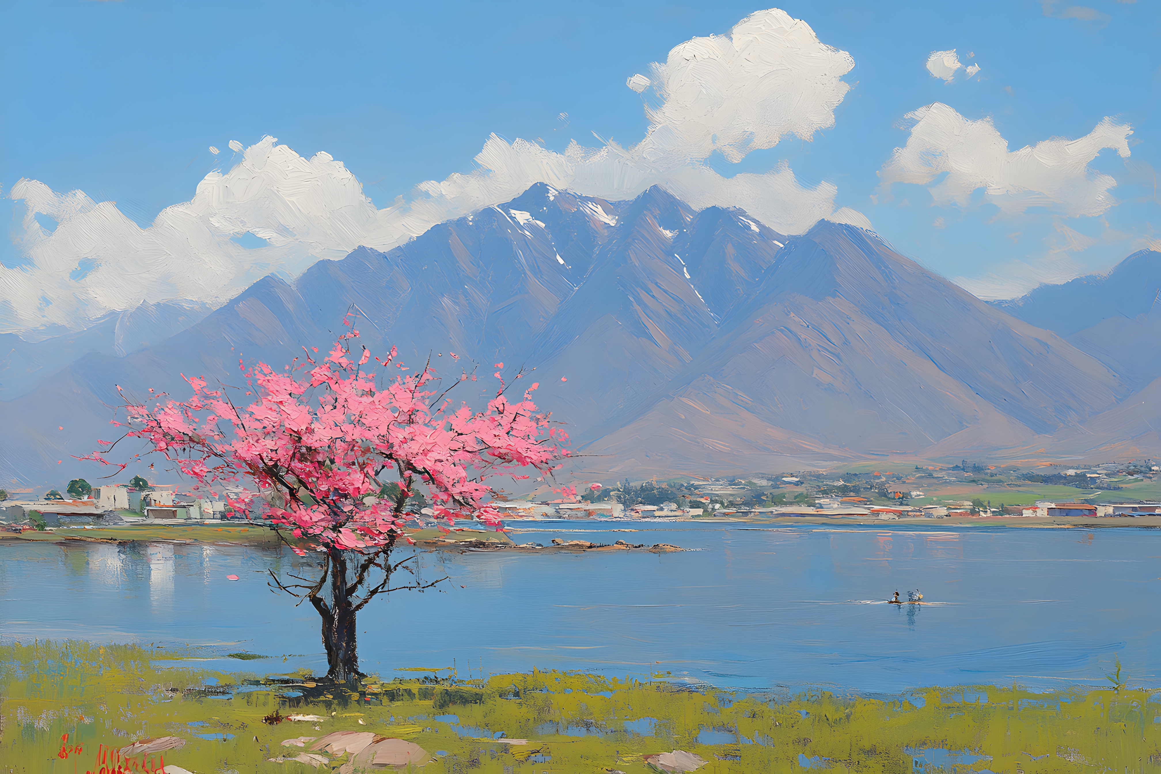 Cherry Blossom Tree By Lake And Mountain