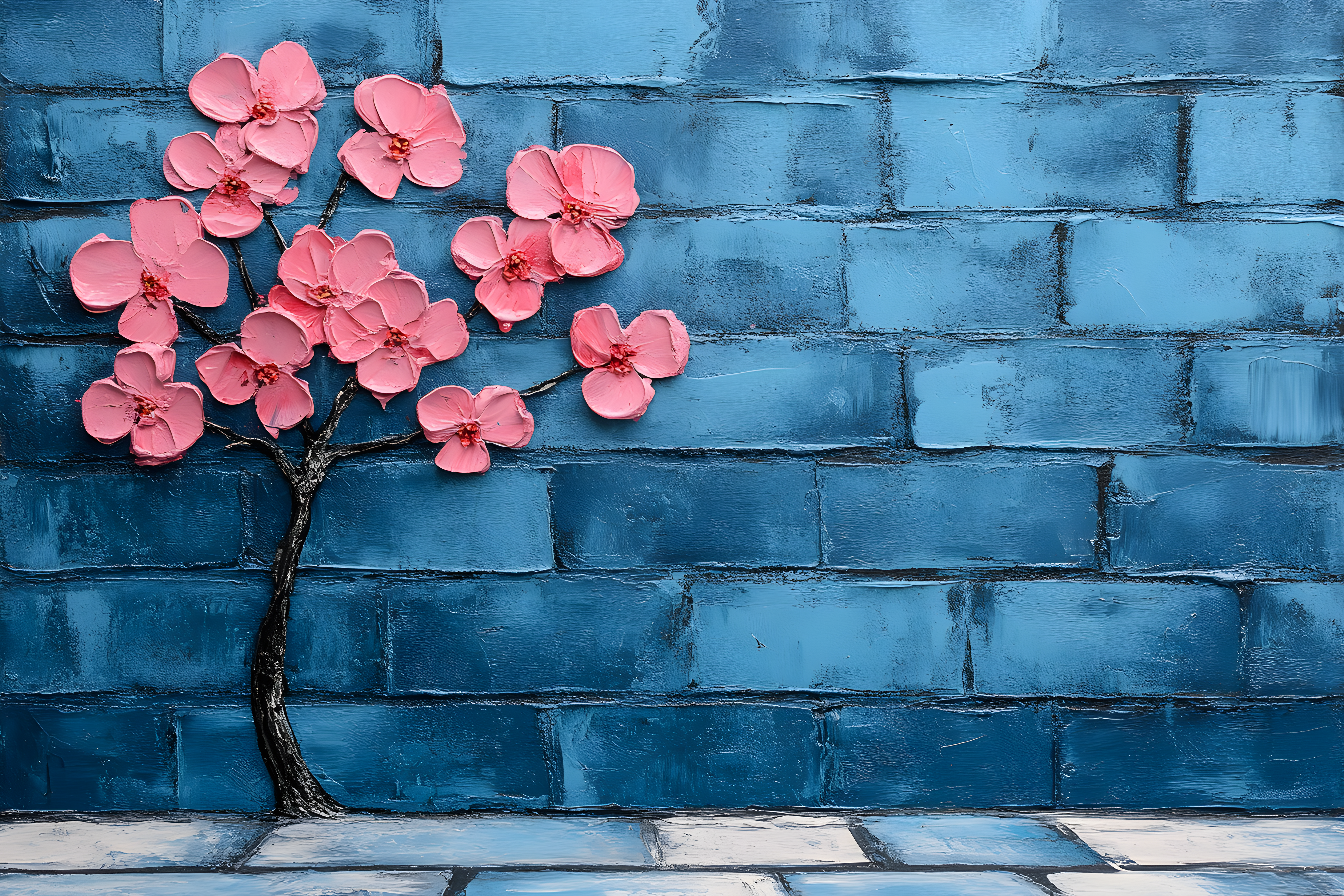 Cherry Blossom Tree on Blue Brick Wall