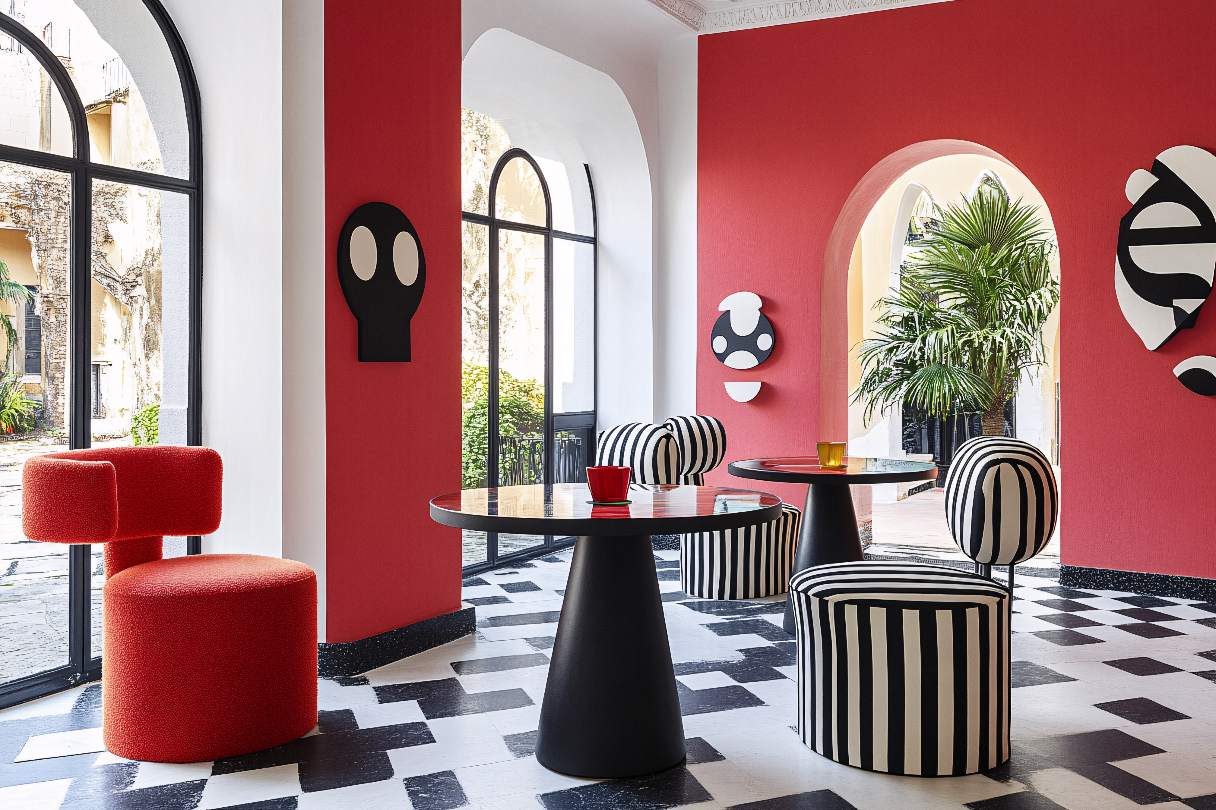 Chic Red Lounge with Striped Seating and Abstract Decor