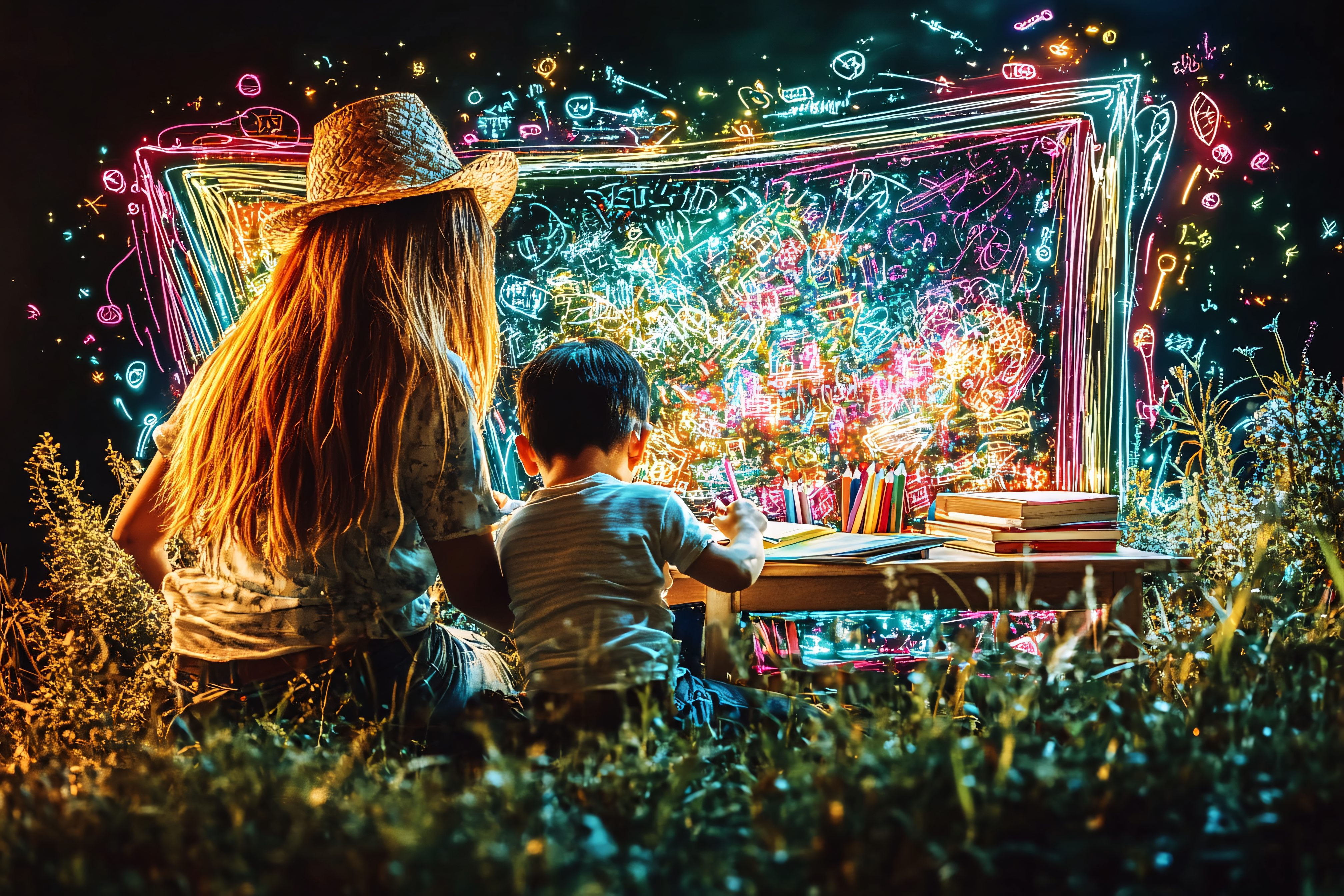 Child And Adult Drawing Glowing Art