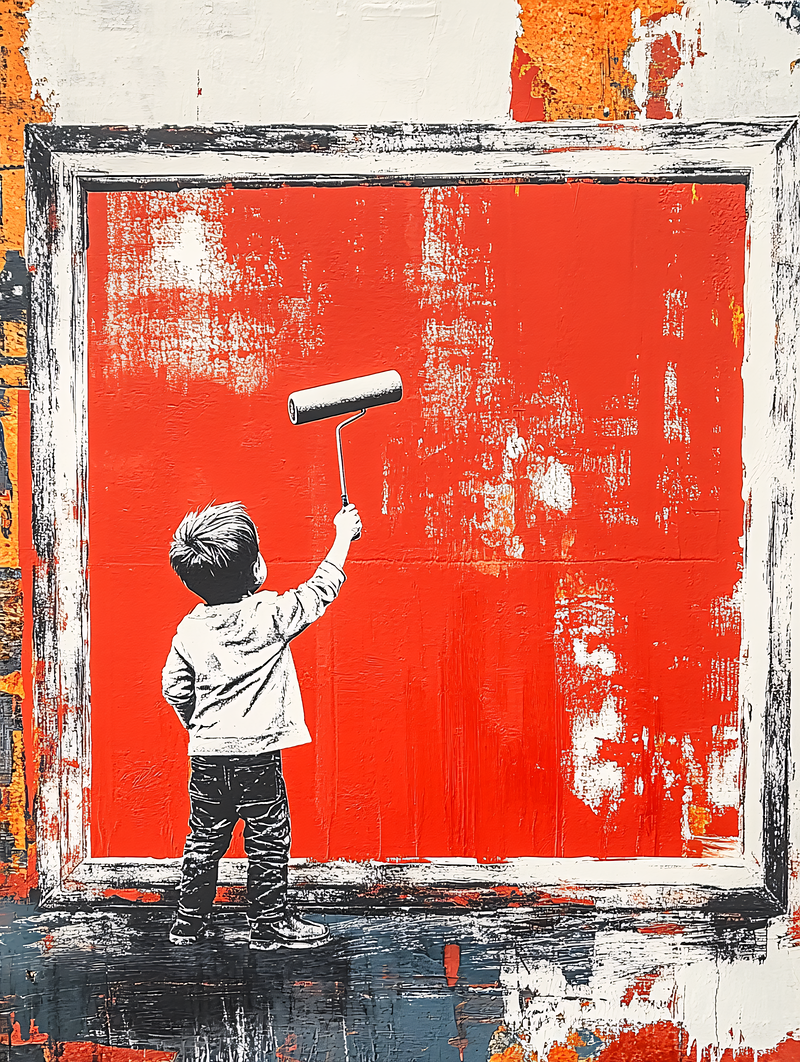 Child Painting Red Canvas