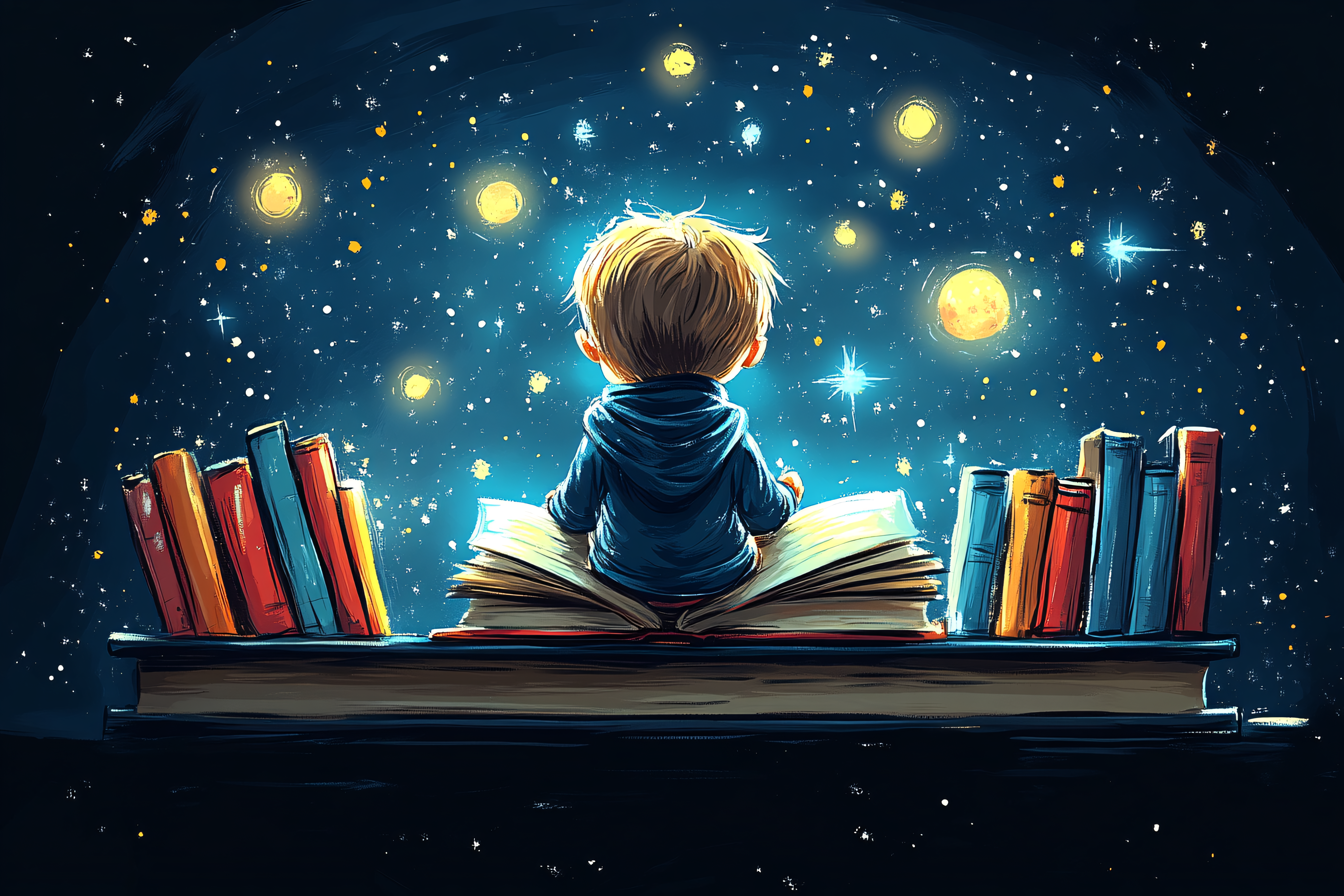 Child Reading Under Starry Sky