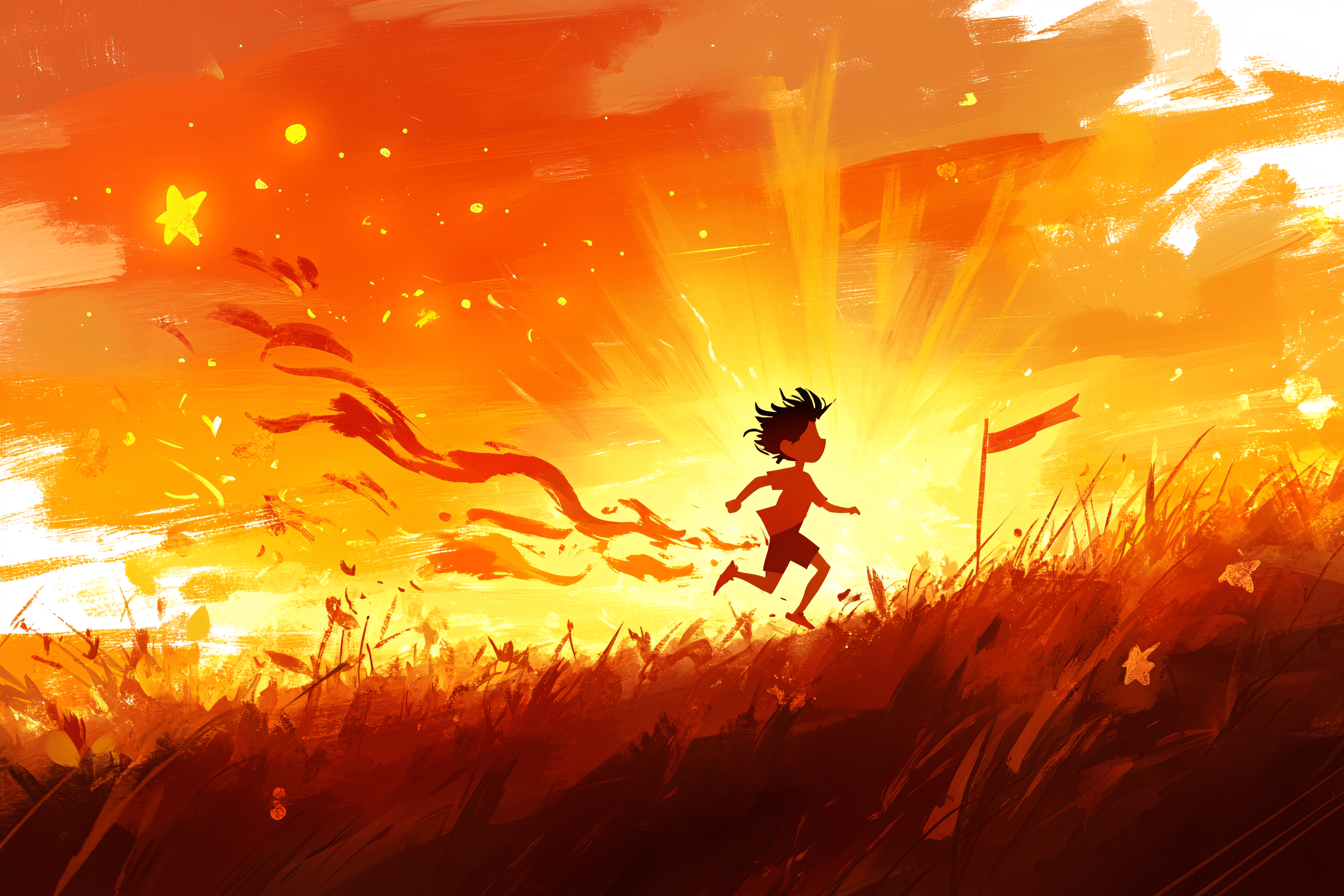 Child Running Towards Bright Light in Field