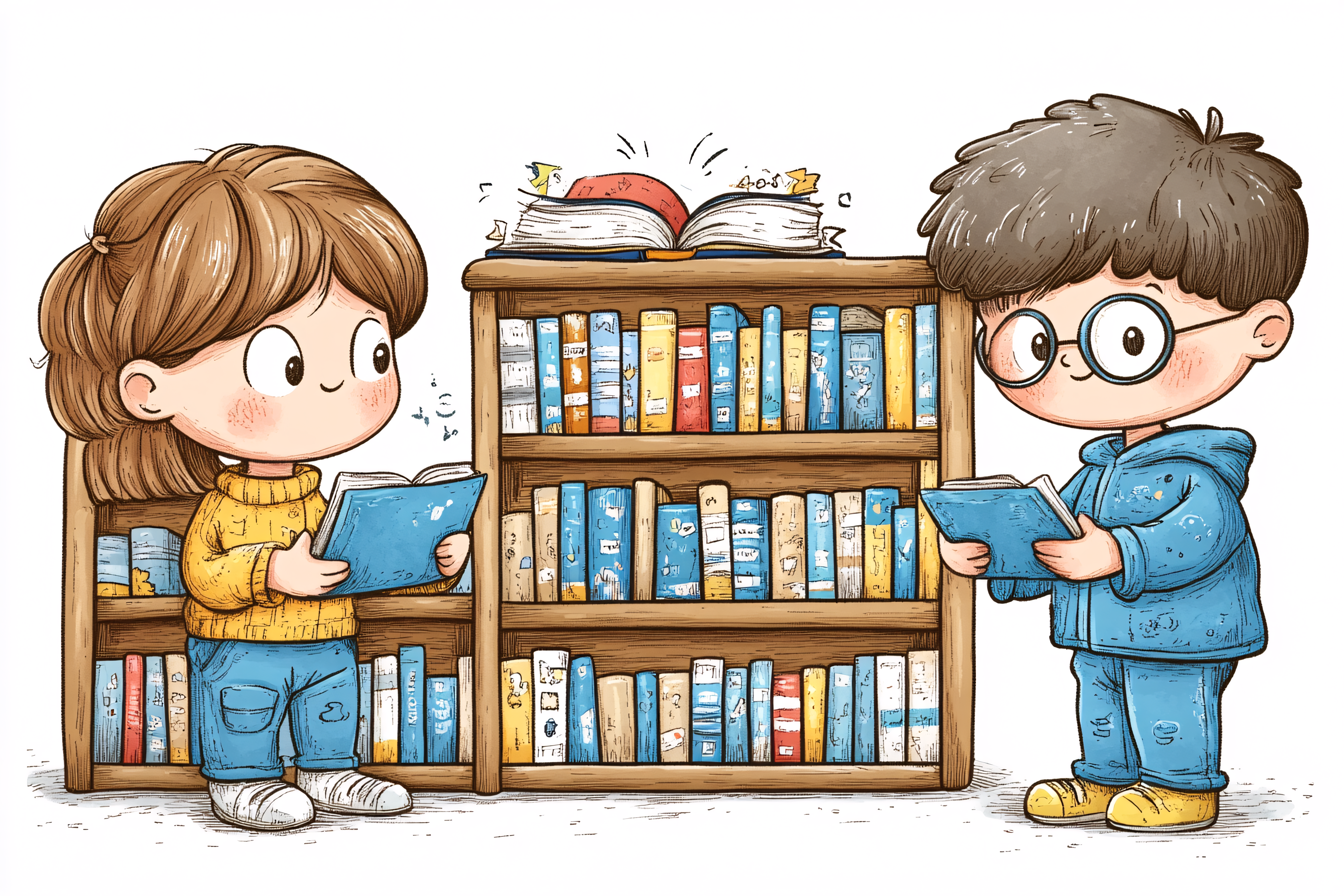 Children Reading Books By Bookshelf
