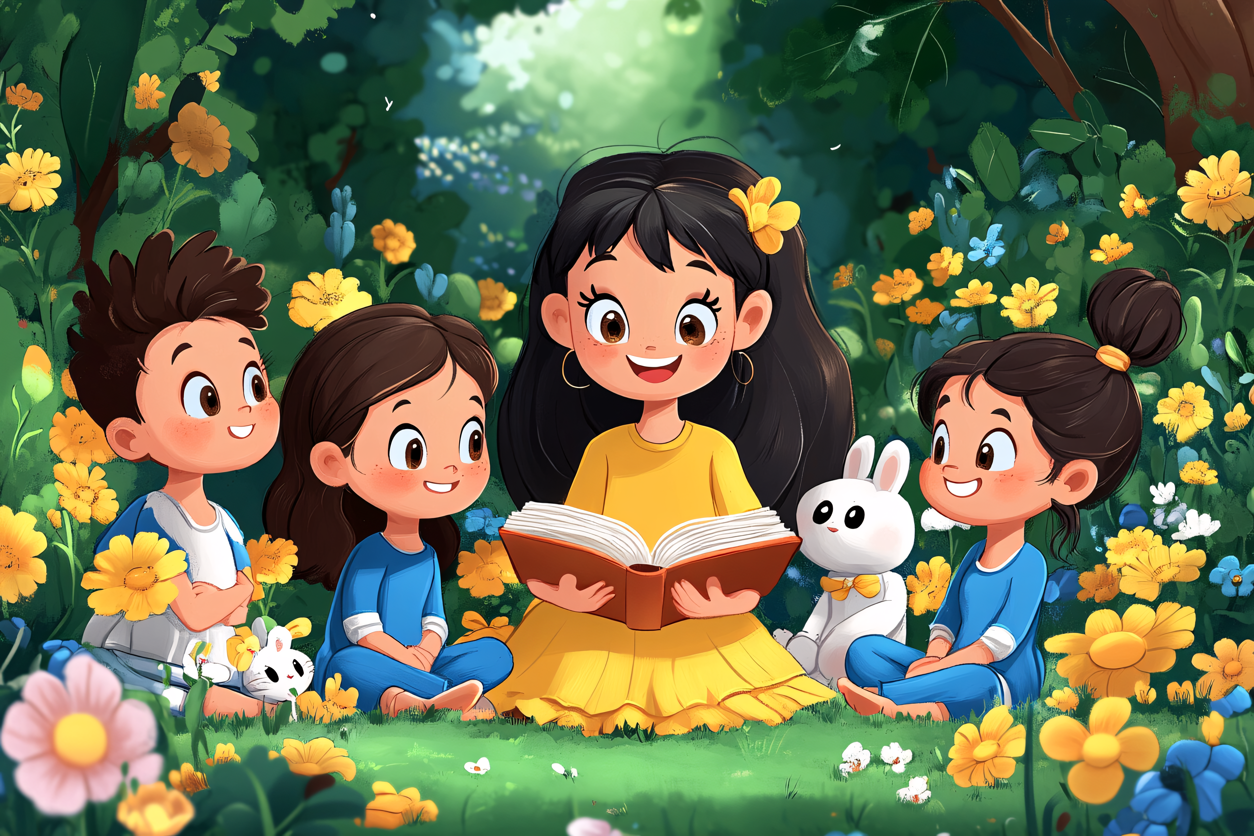 Children Reading Story In Garden