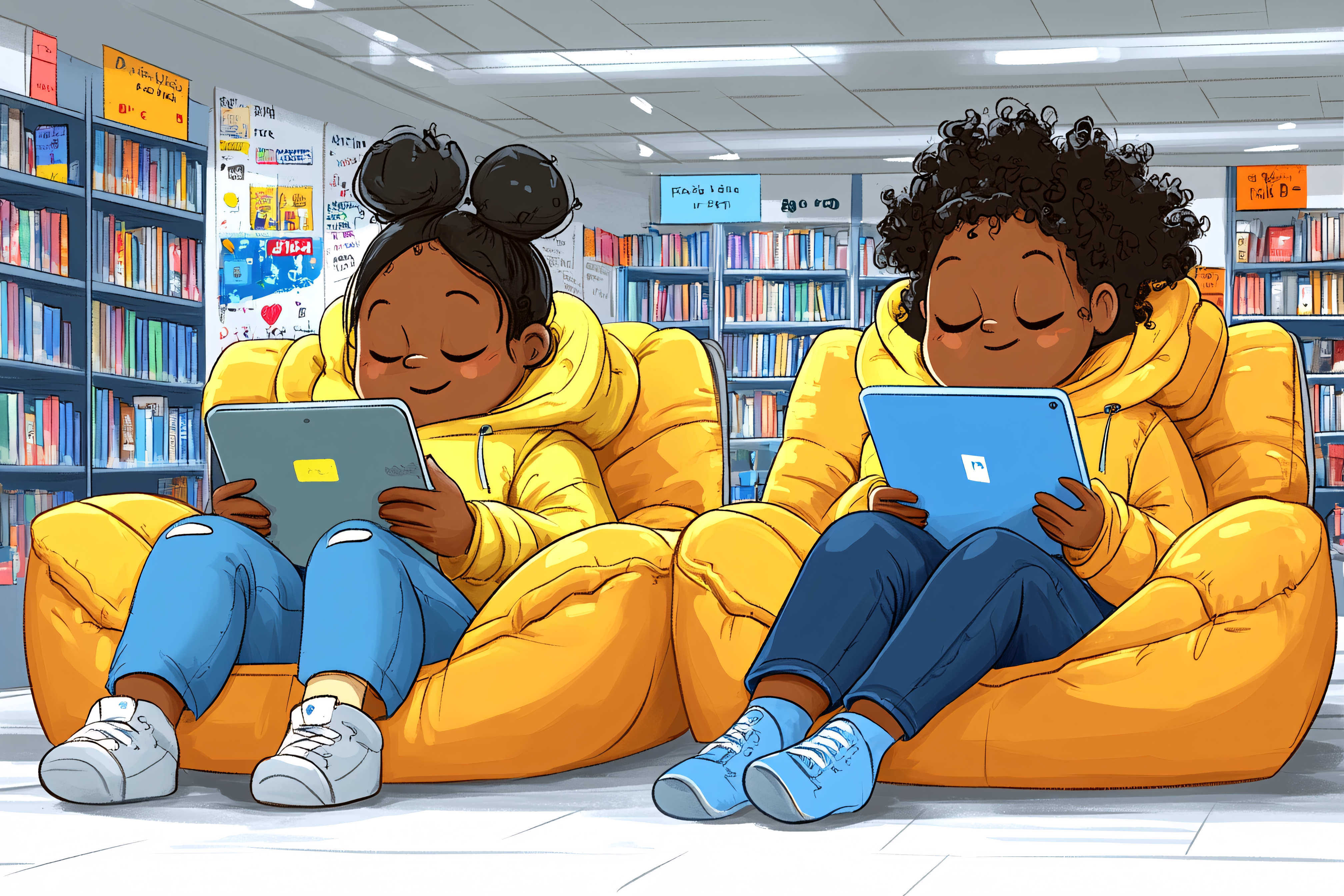 Children Reading Tablets In Library
