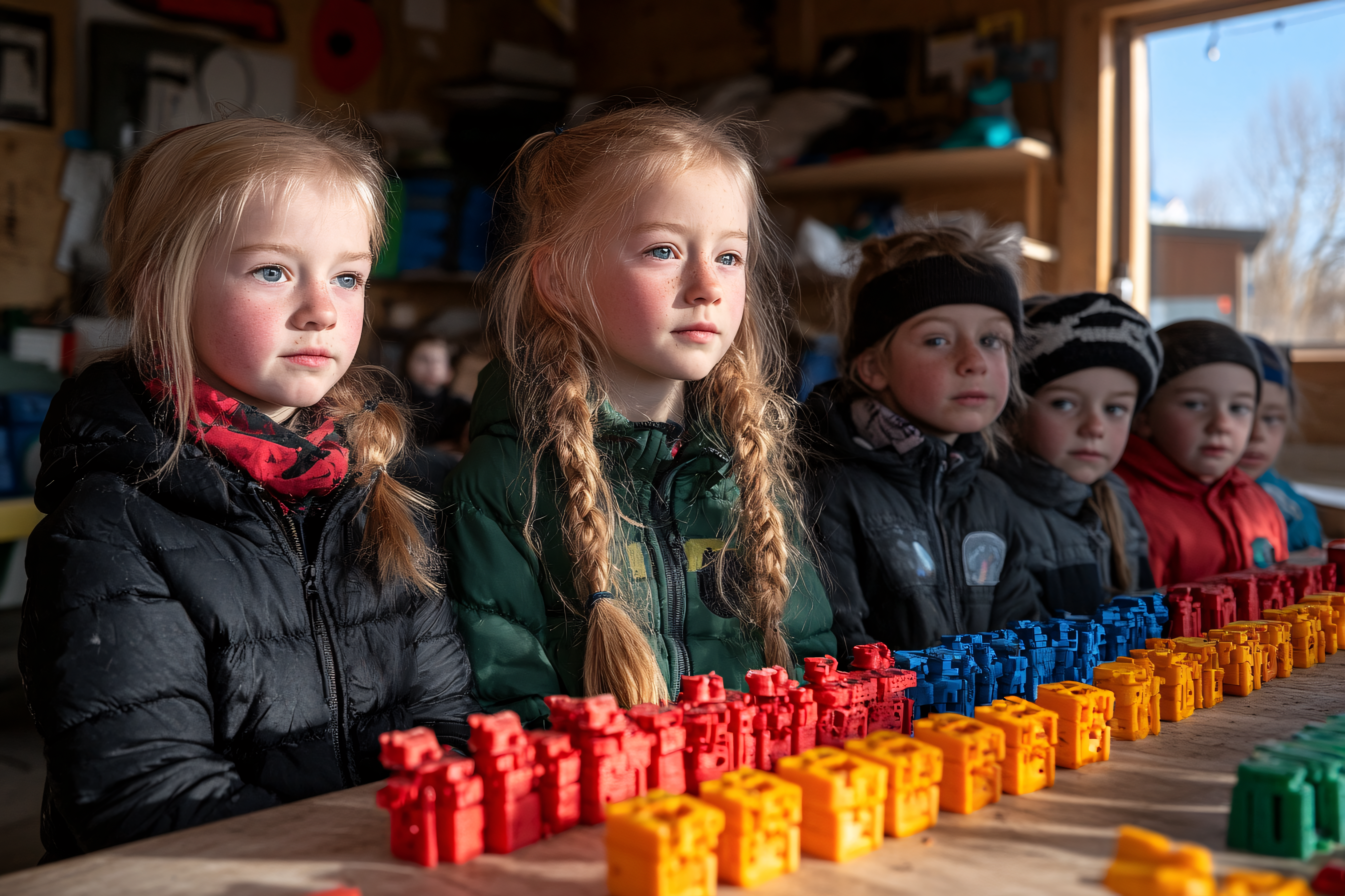 Children Observing Colorful Blocks