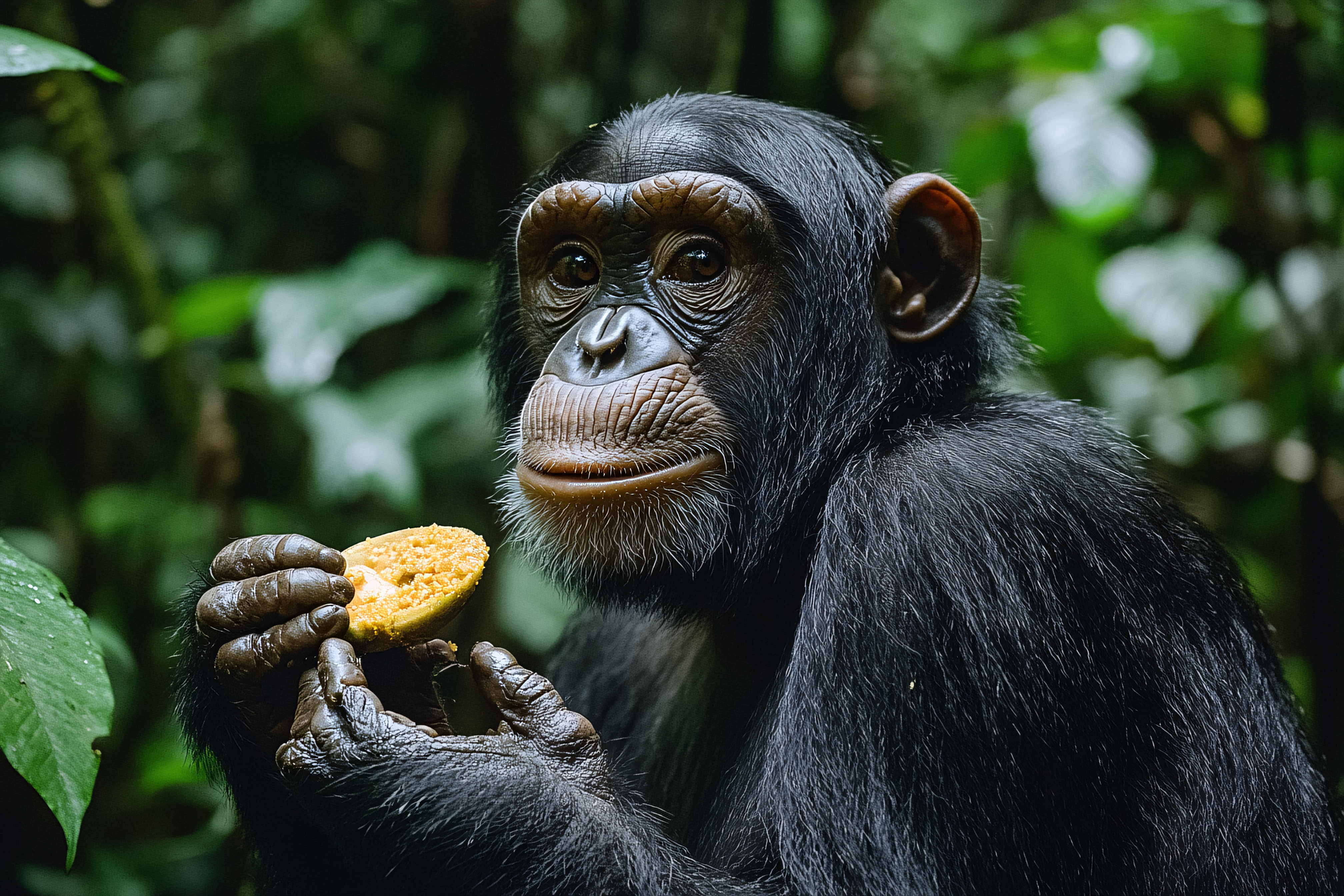 Chimpanzee Eating Fruit In Forest