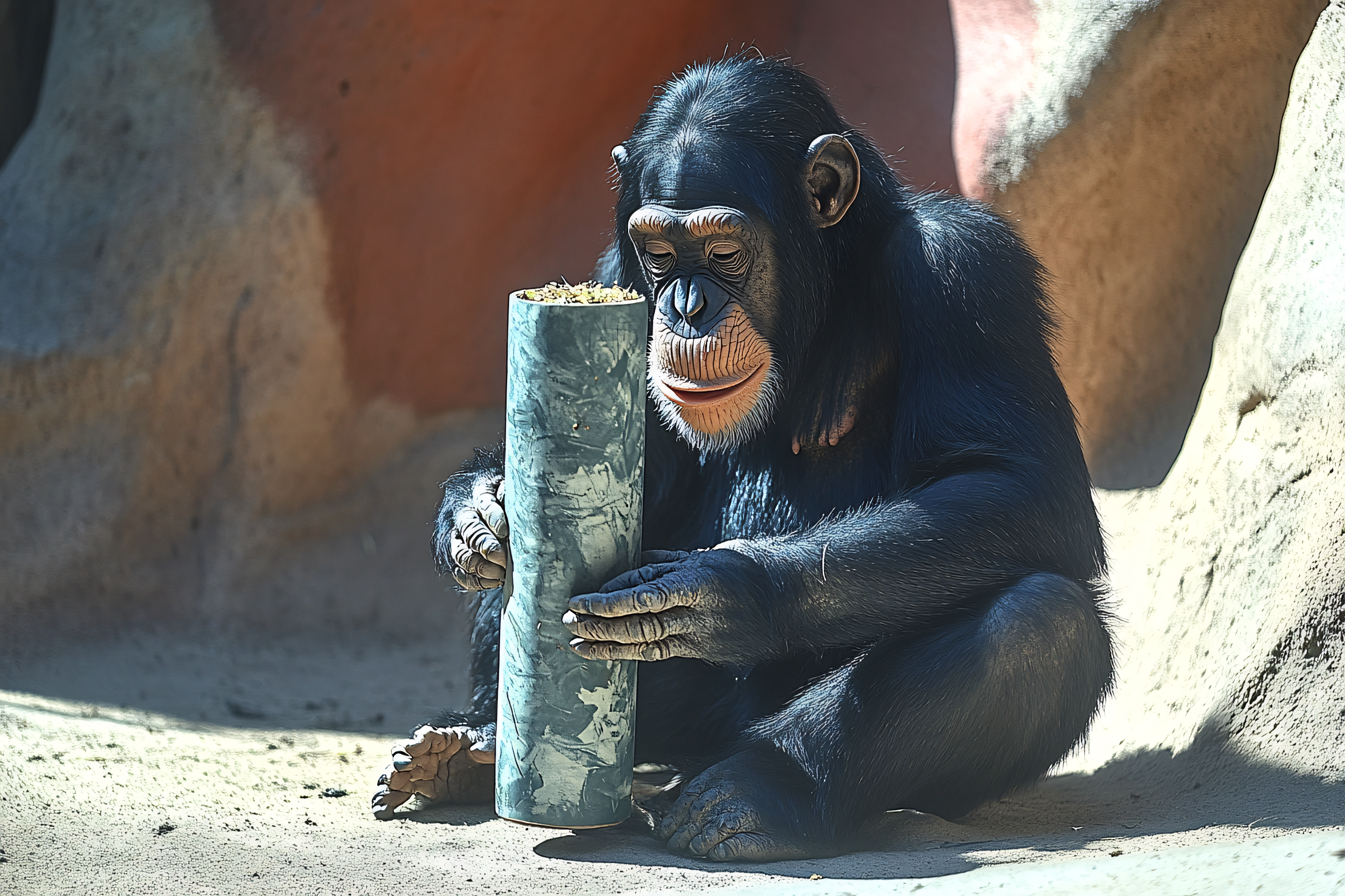 Chimpanzee Examining Cylinder
