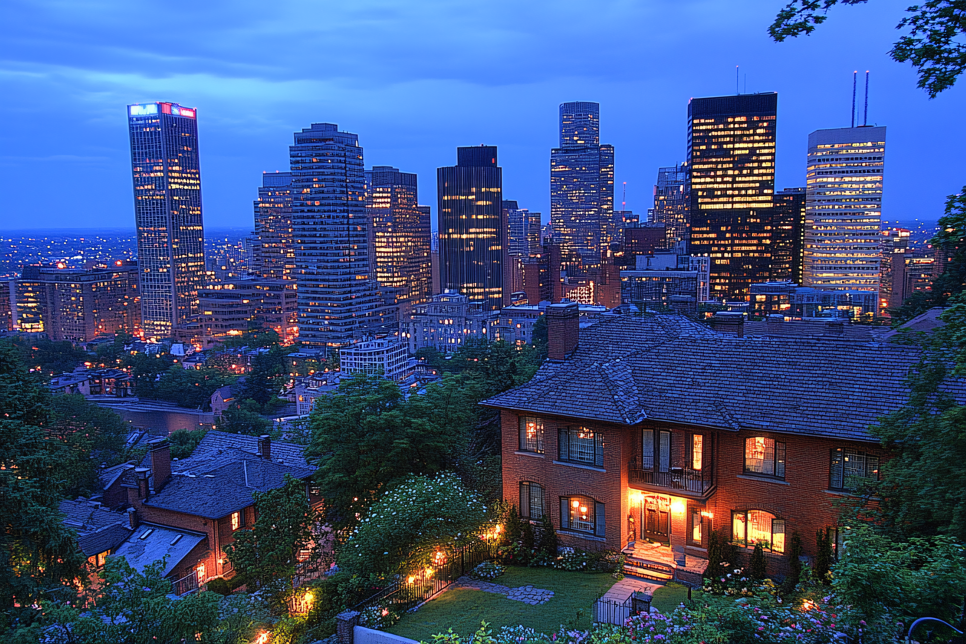 Cityscape at Dusk with Illuminated Buildings and Houses