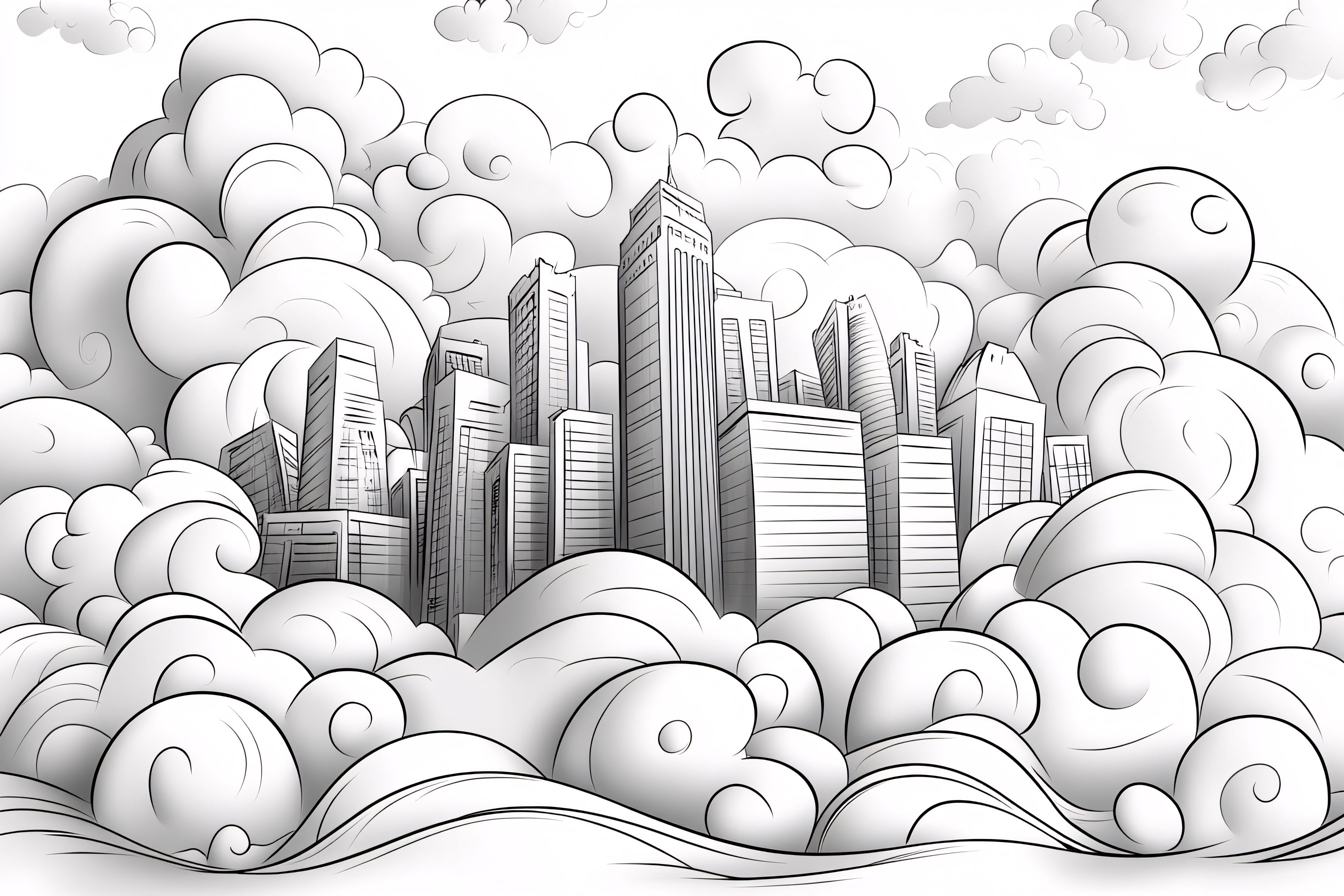 Cityscape In Clouds Line Art