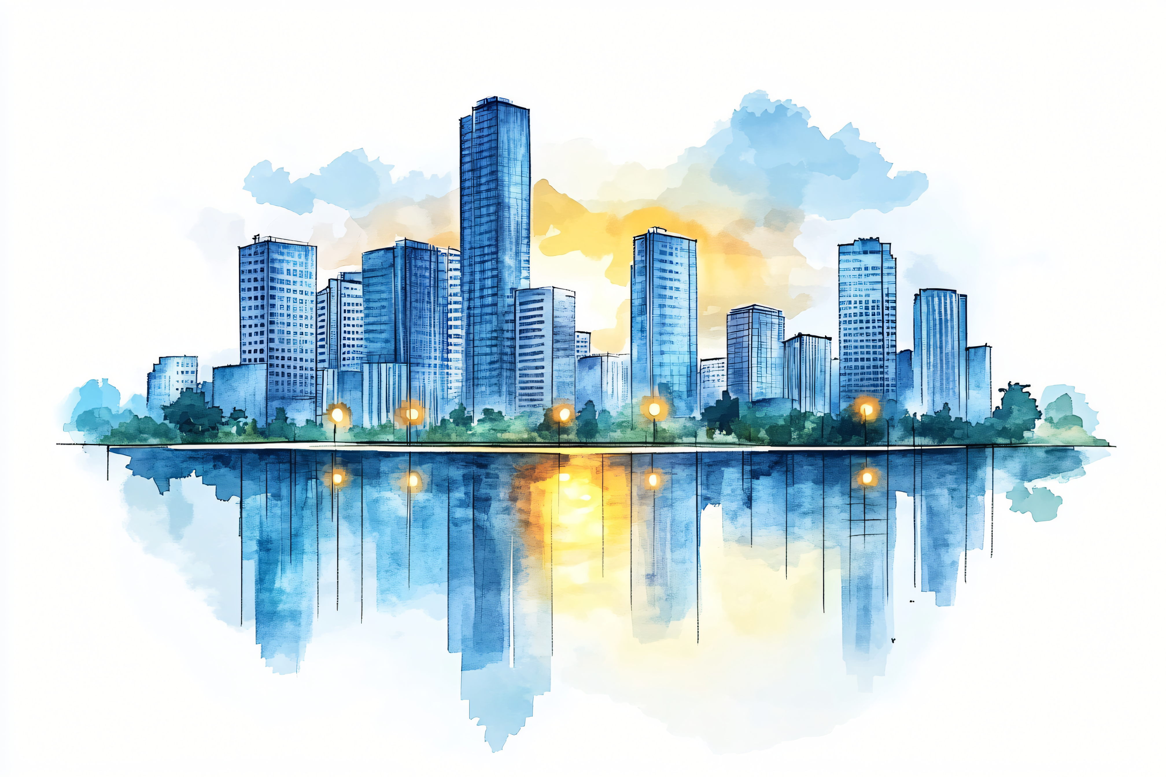 Cityscape Watercolor Reflection