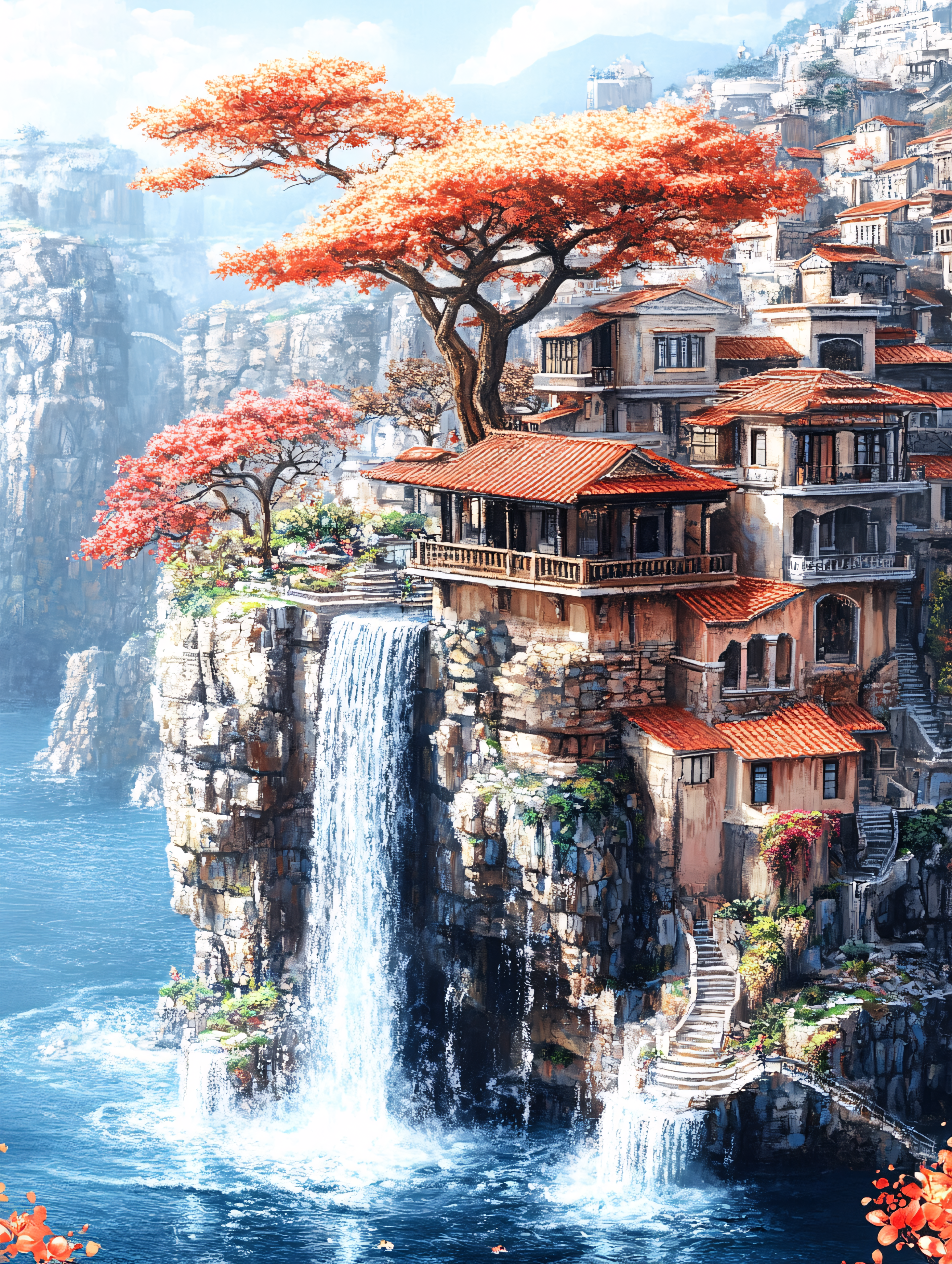 Cliffside Village With Waterfall